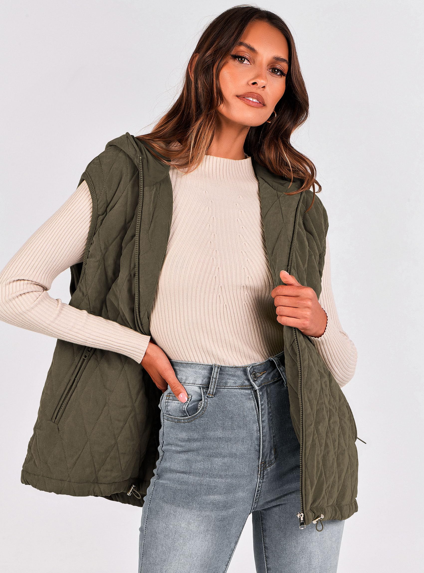 Women's Fall Fashion Vest Zip Up Jacket(Army Green,Small)