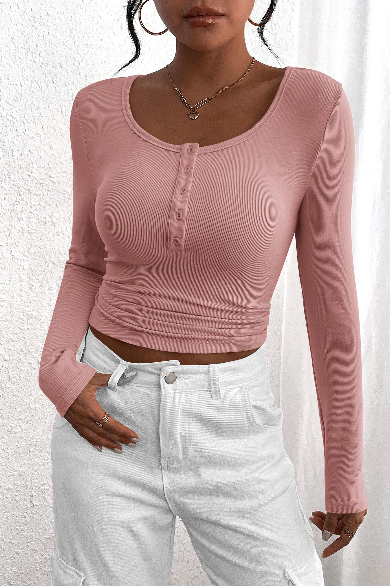 Women's Fall Long Sleeve Henley T Shirts Dusty Pink