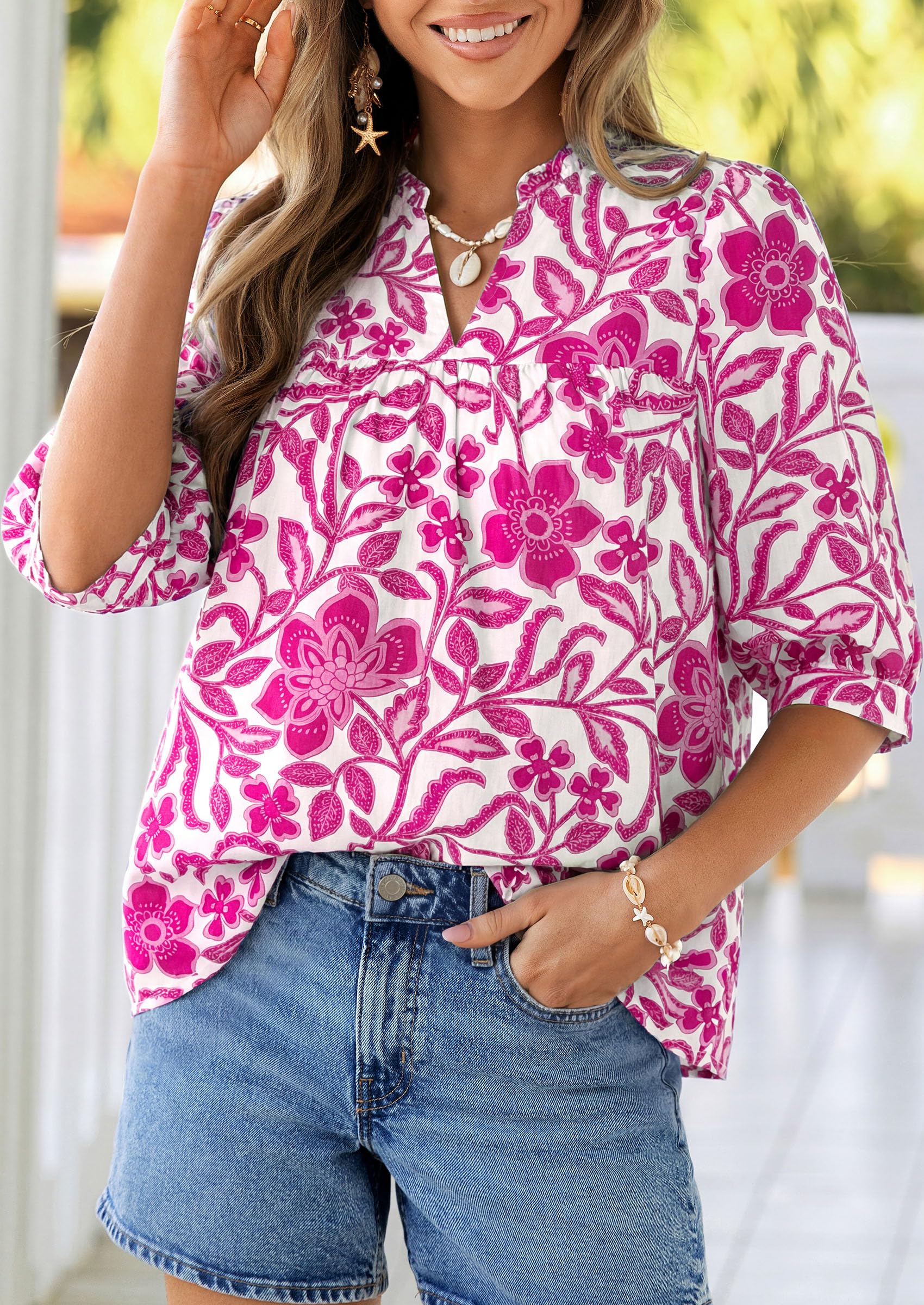 Women's Summer Floral Boho Dressy Casual Tops Rose Red