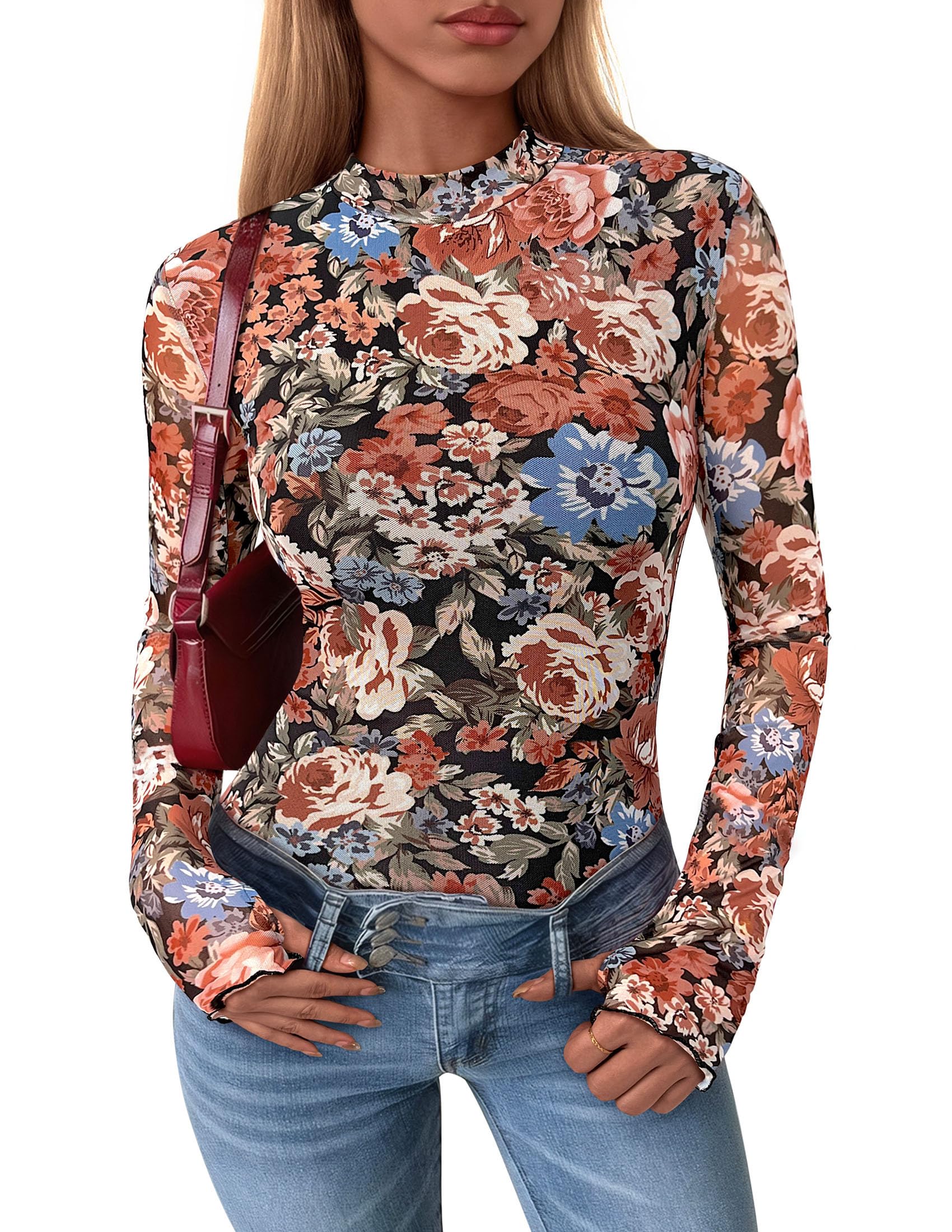 Womens Floral Mesh Long Sleeve Tops Fall Slim Fitted Shirts