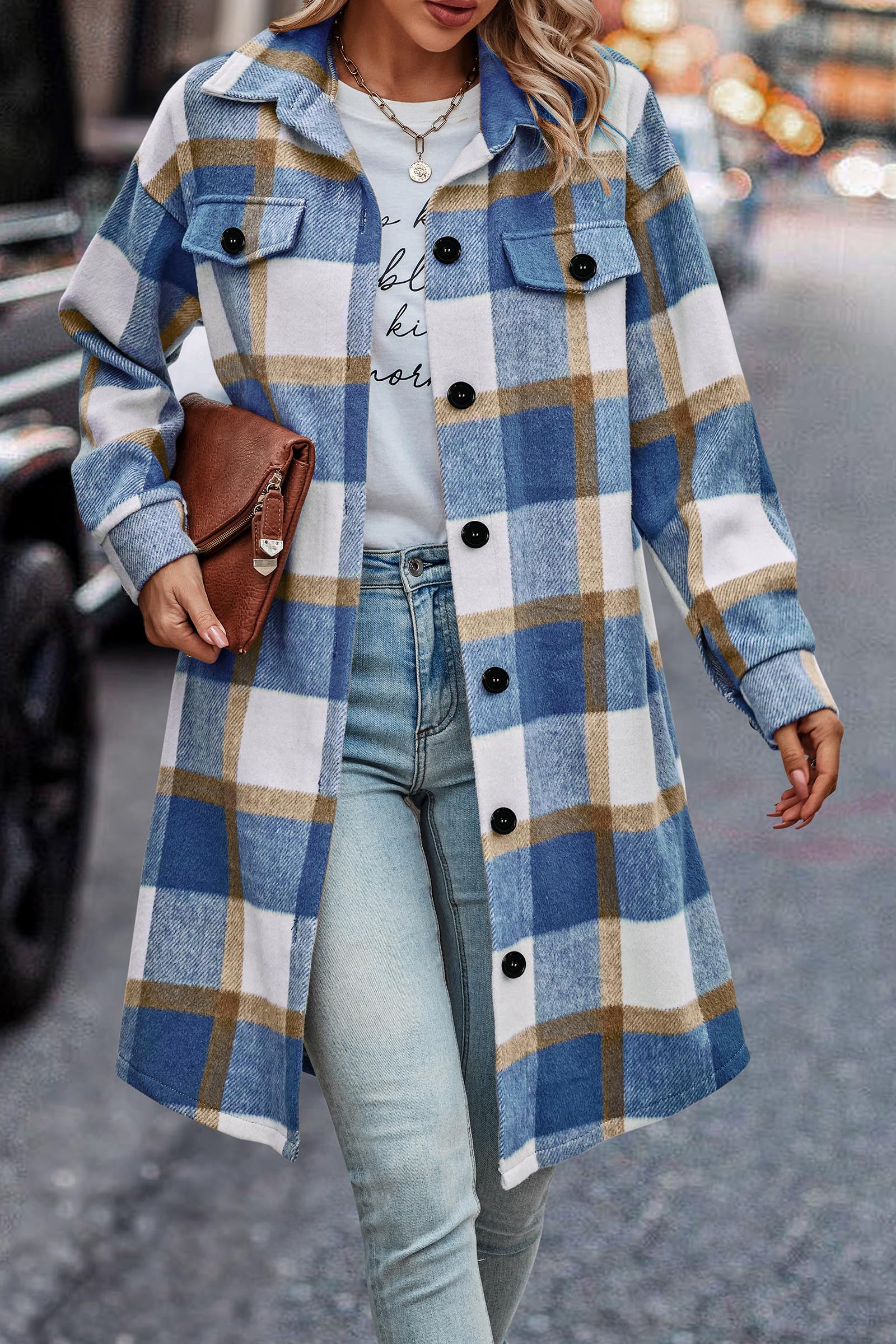 Womens Plaid Shacket Jacket Flannel Shirts,Plaid Blue White,S