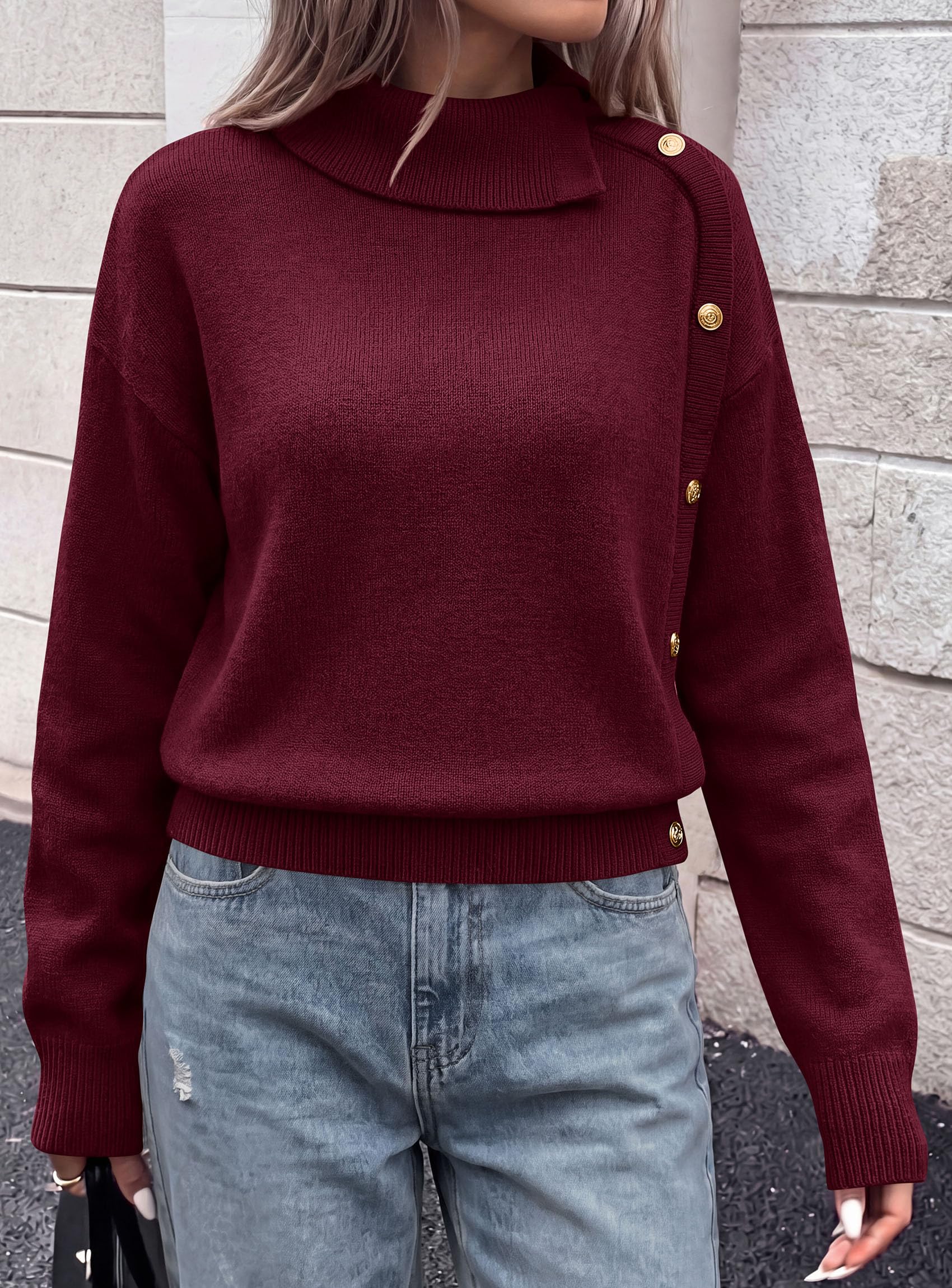 Womens Turtleneck Sweater Pullover Side Button Fall Clothes