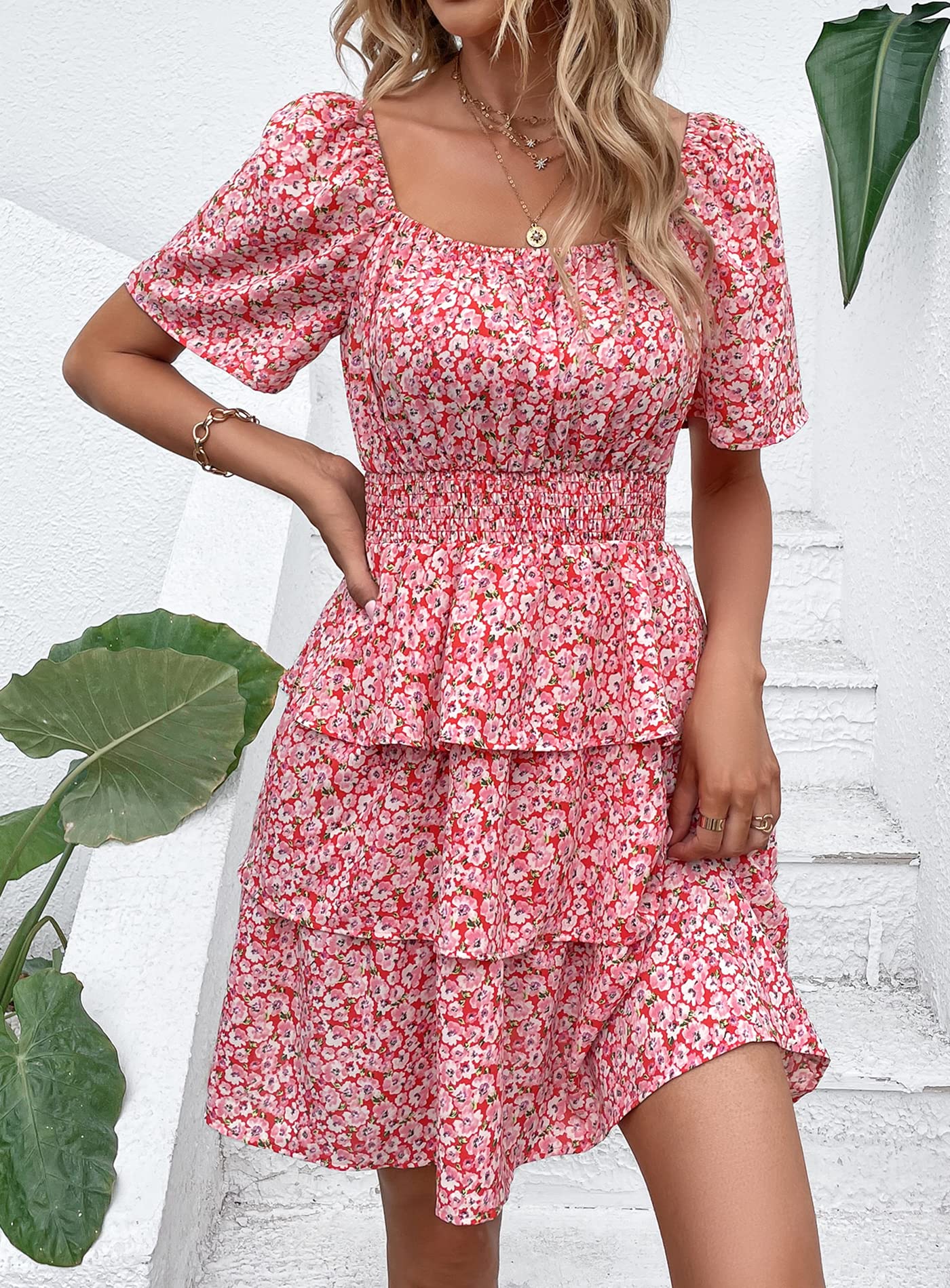 Women's 2025 Floral Summer Short Dress Square Neck Short Sleeve Tiered Ruffle Boho Swing Dresses (Red Pink Floral,Small)