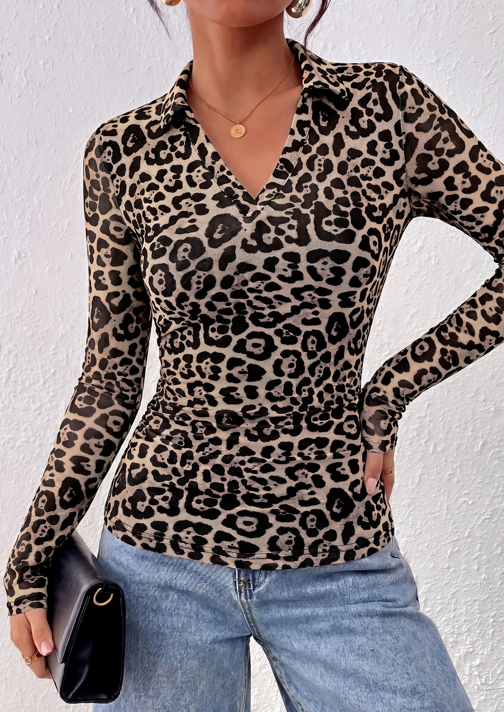 Women's Long Sleeve Boho Floral Mesh Tops Fall V Neck Blouses