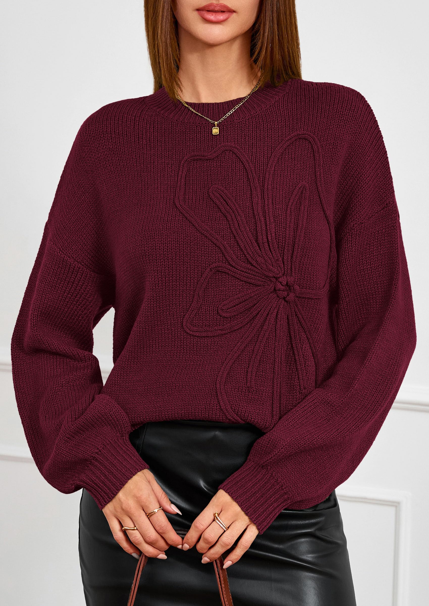 Women's Oversized 3D Floral Knit Sweater,Burgundy,S