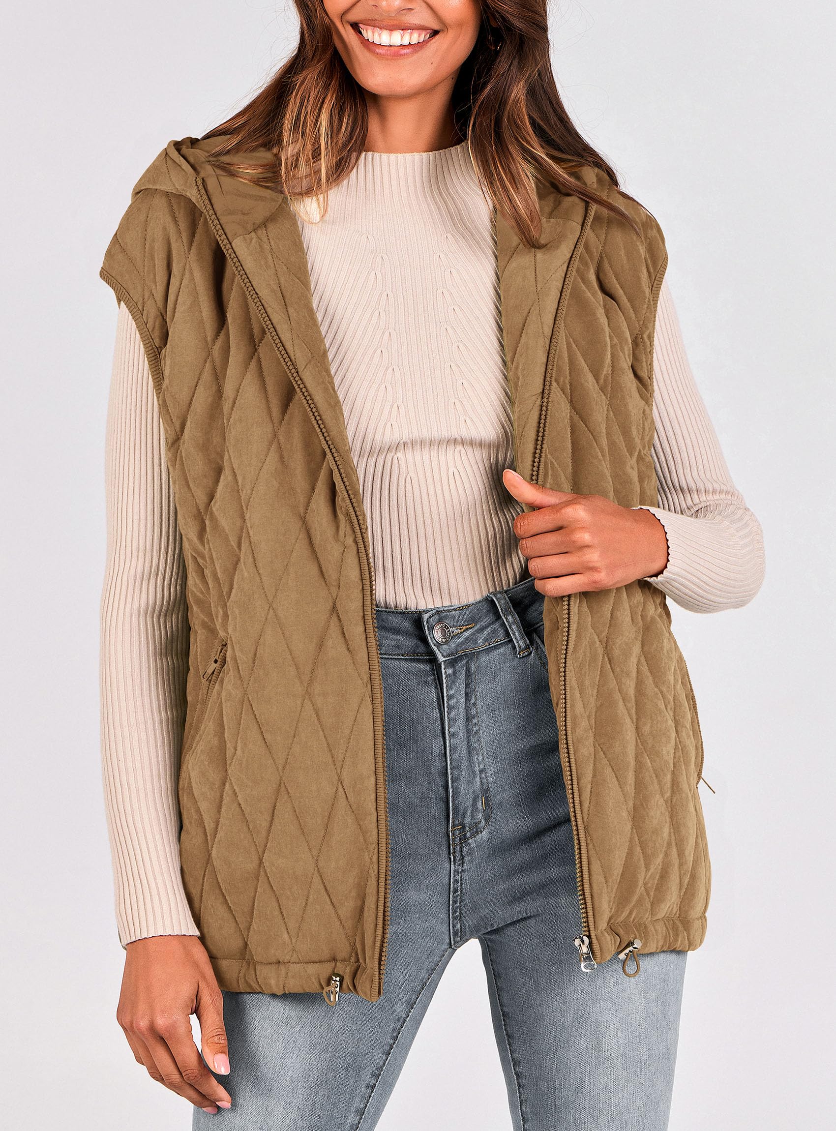 Women's Fall Fashion Vest Zip Up Jacket(Camel,Large)