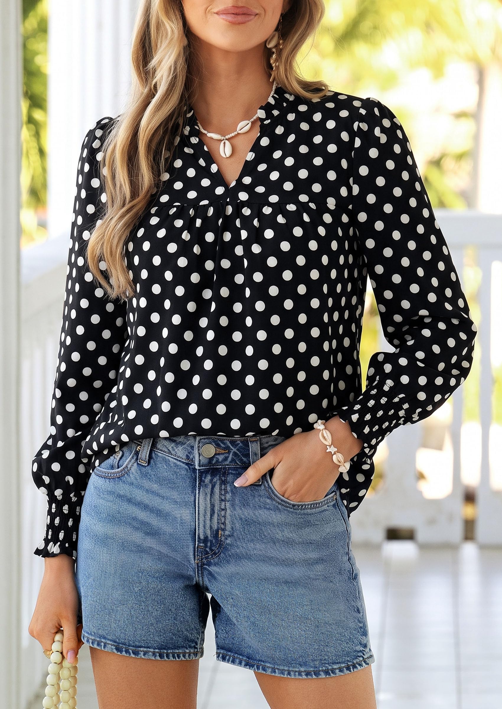 Women's Boho Floral Blouses Dressy Casual Polka Dot Black,S
