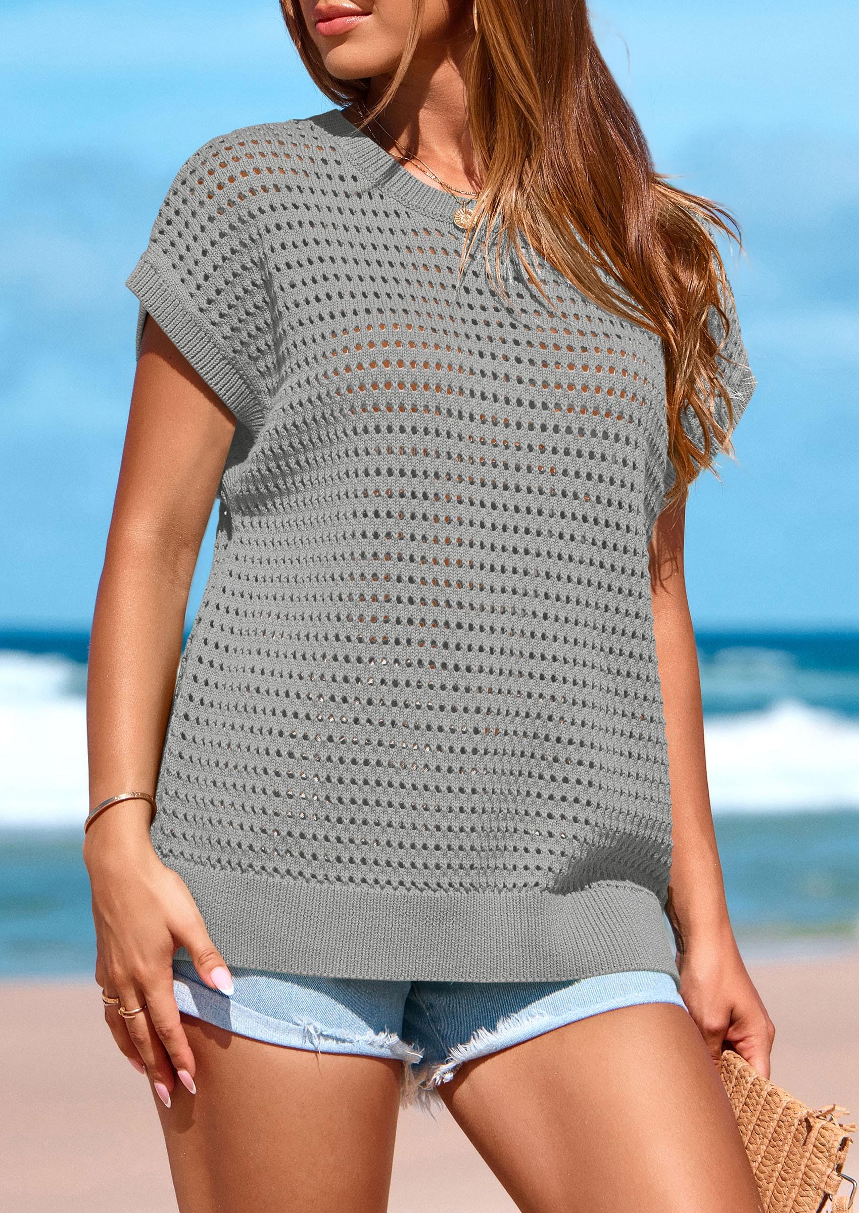 Women's Summer Crochet Cap Sleeve Sweater Tops,Grey,S