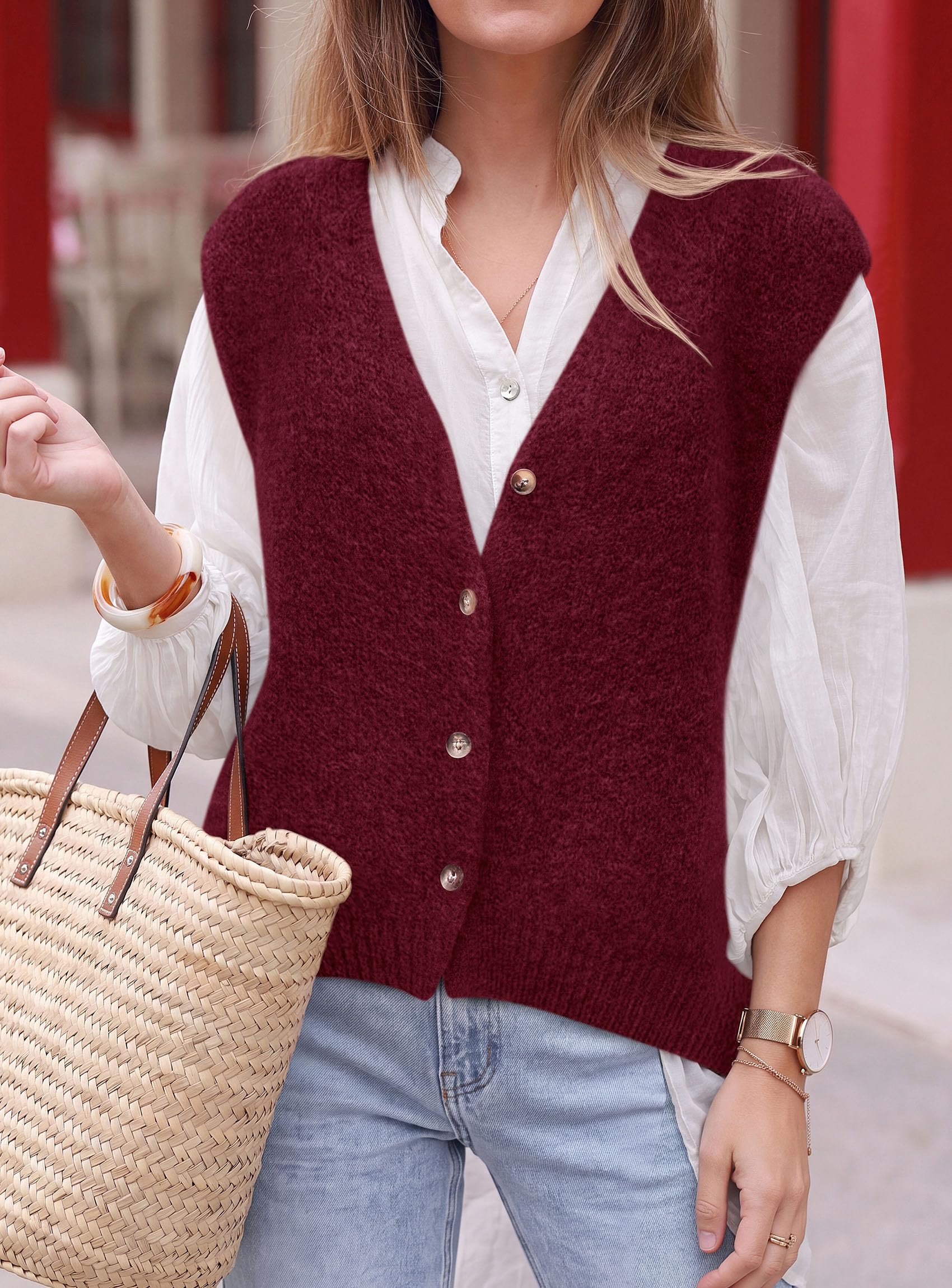 Womens Fall Sleeveless Button Down Sweater Vest,Wine Red,M
