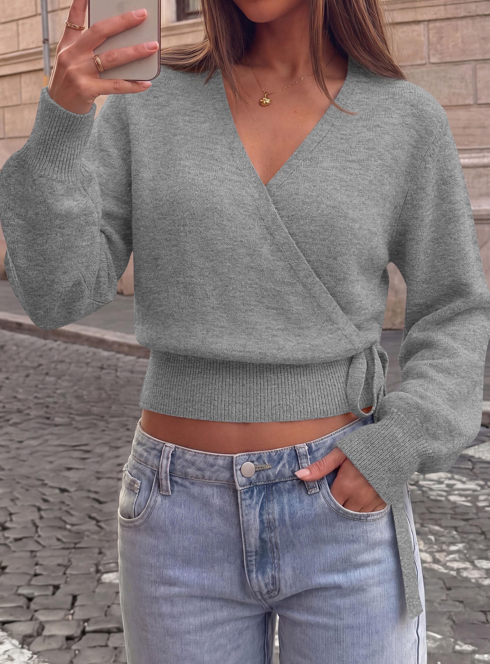 V Neck Wrap Sweaters for Women Fall Outifts Pullover Grey,S