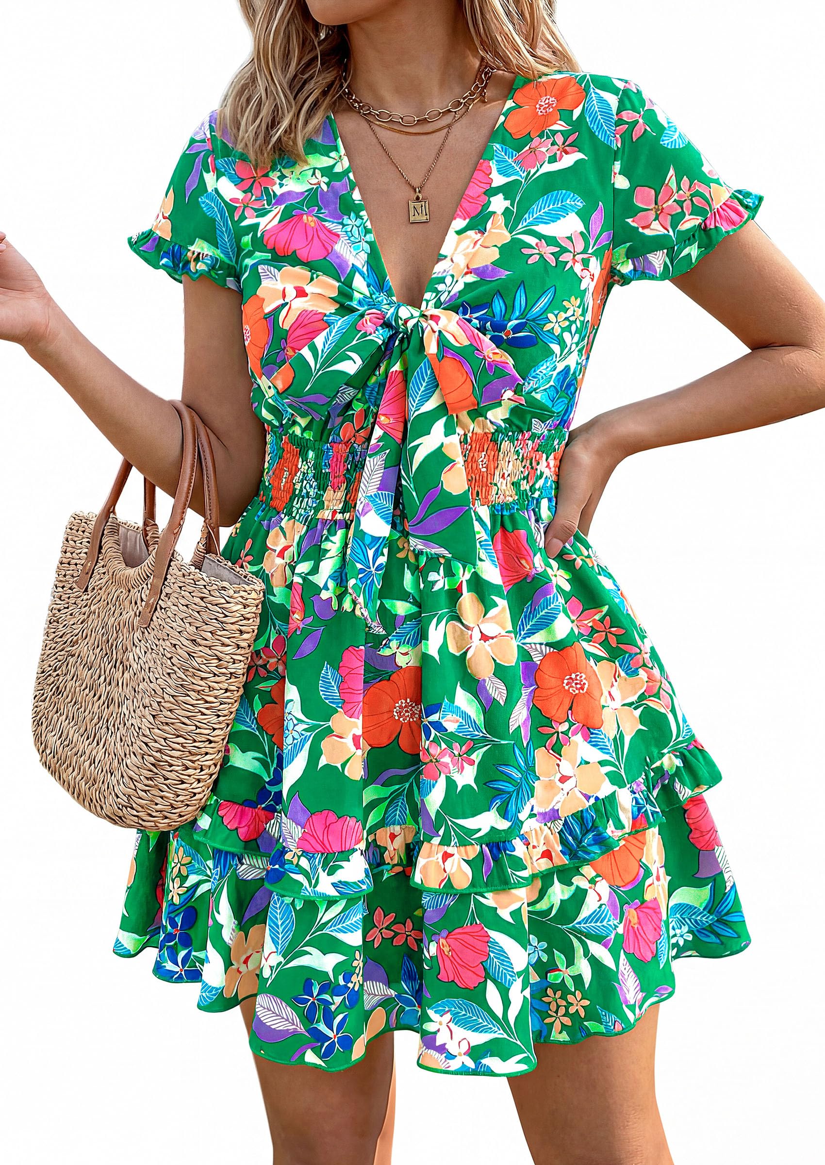 Women's Boho Floral Mini Tiered Dress, Floral Green Orange,S