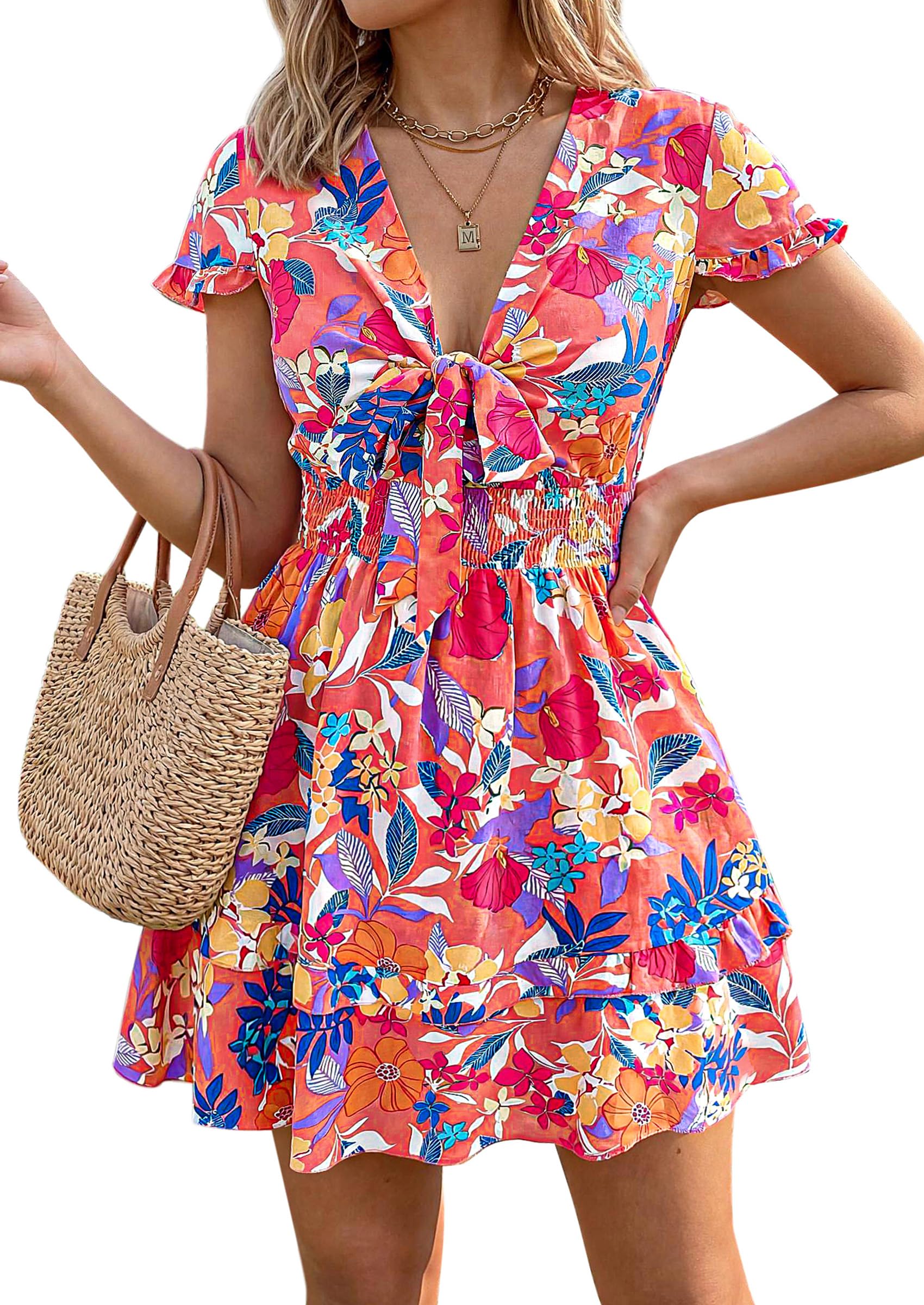 Women's Boho Floral Mini Tiered Dress, Floral Pink Orange,S