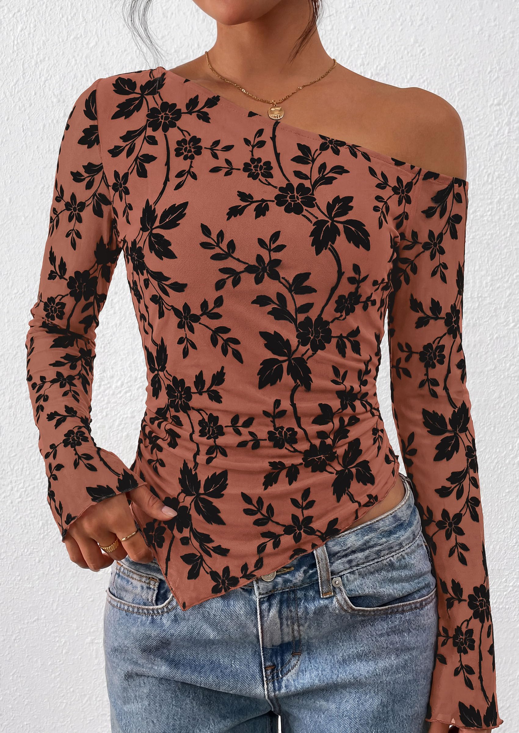 Womens Off Shoulder Mesh Y2k Tops,Rust,XS
