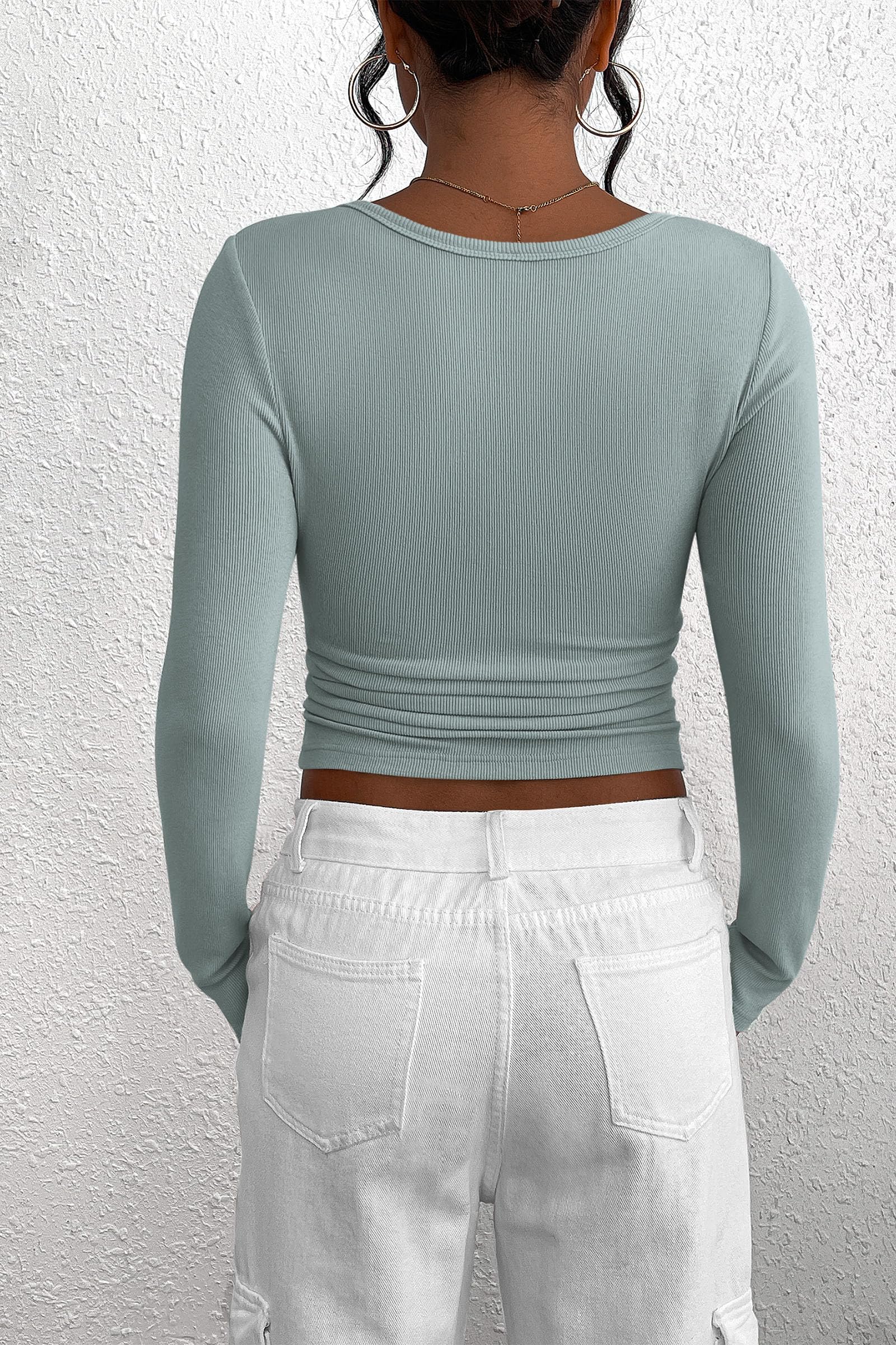 Women's Fall Long Sleeve Henley T Shirts Lake Blue
