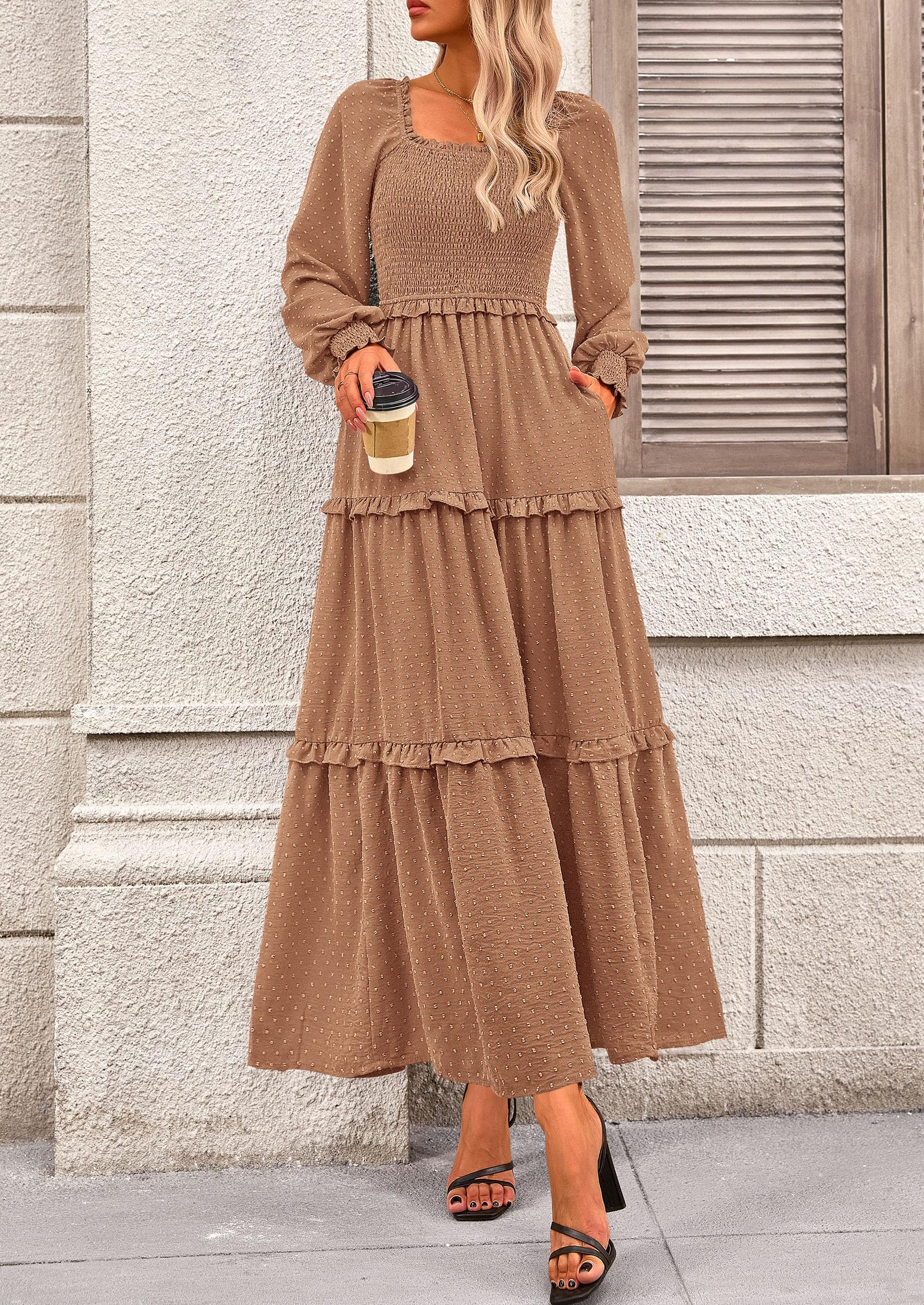 Women's Smocked Long Sleeve Maxi Dress Wedding Guest Dresses