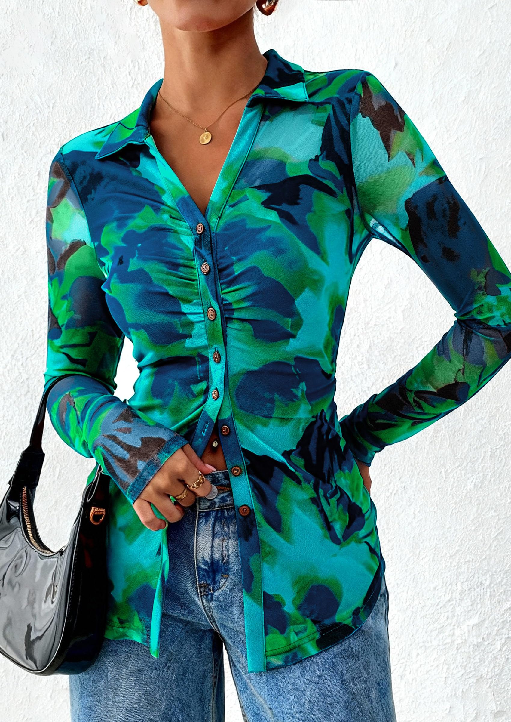 Women's Button Down Shirts Boho Mesh Floral Going Out Tops