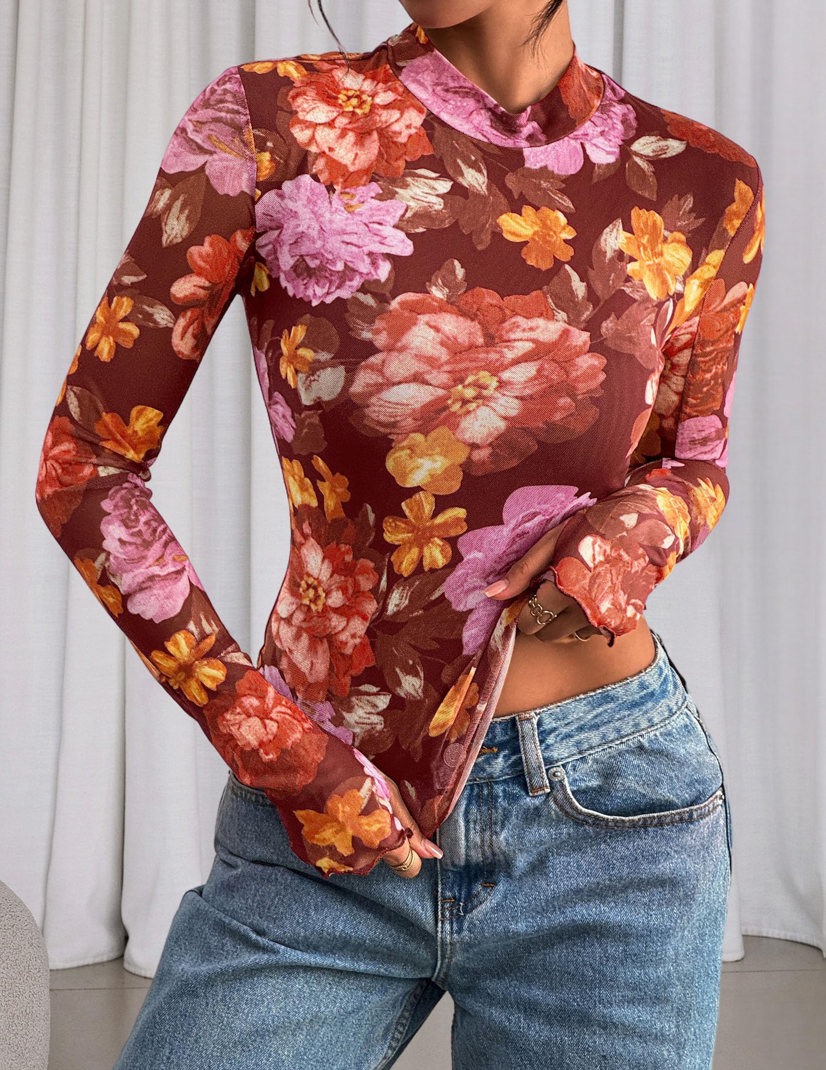 Womens Floral Mesh Long Sleeve Tops Fall Slim Fitted Shirts