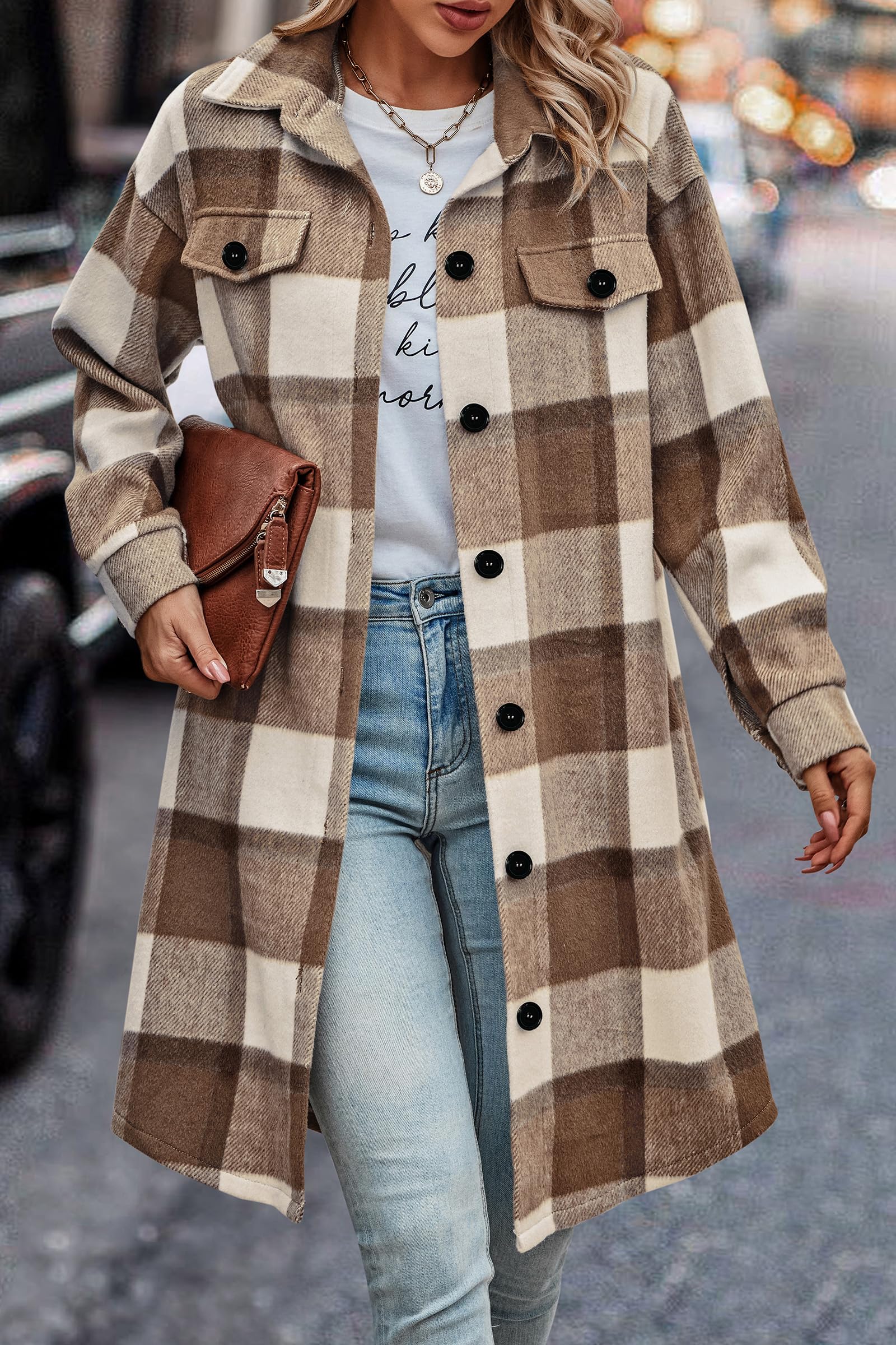 Womens Plaid Shacket Jacket Flannel Shirts,Plaid Brown,S