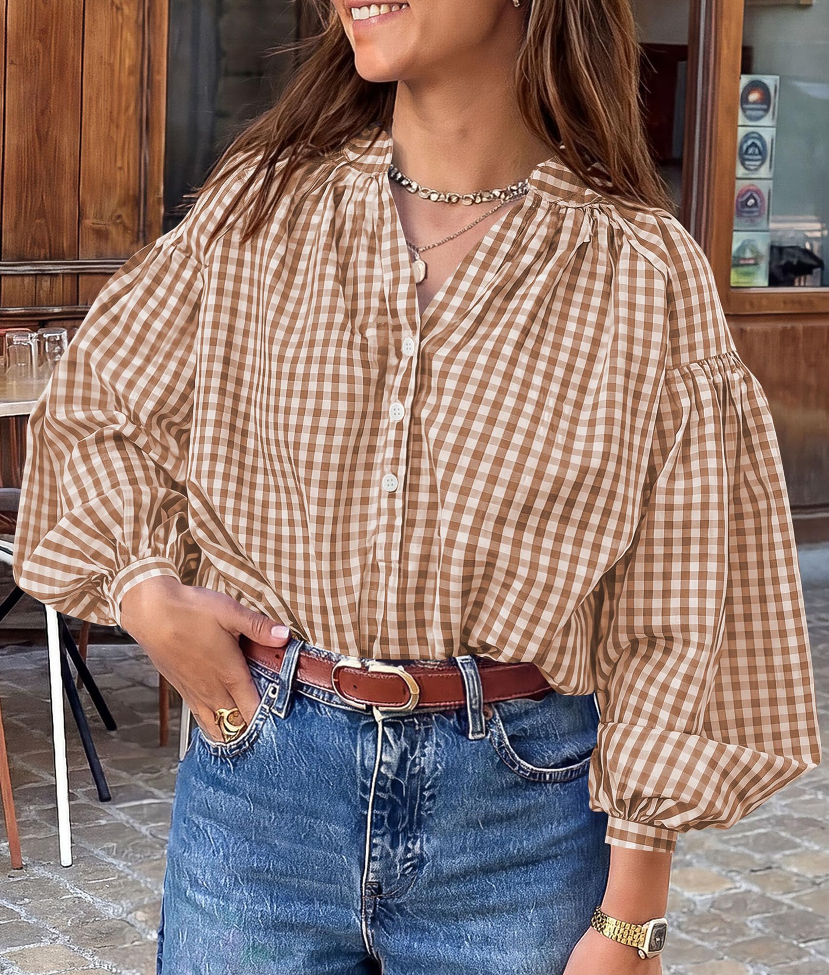 Women Fall Plaid Long Puff Sleeve Shirts V Neck Casual Blouses