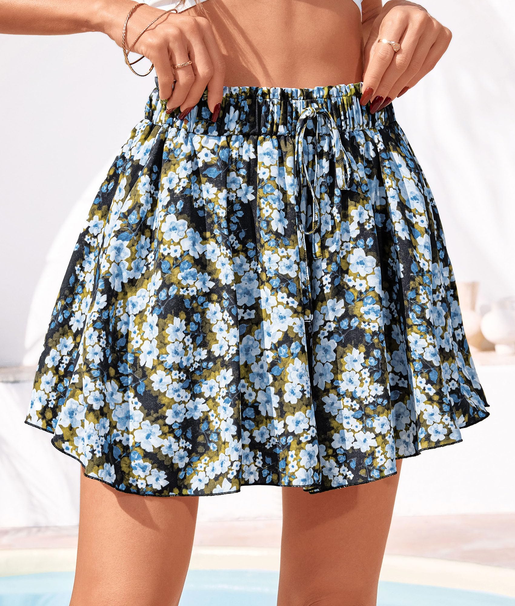 Women's Summer Wide Leg Flowy Shorts,Print Blue Yellow,M