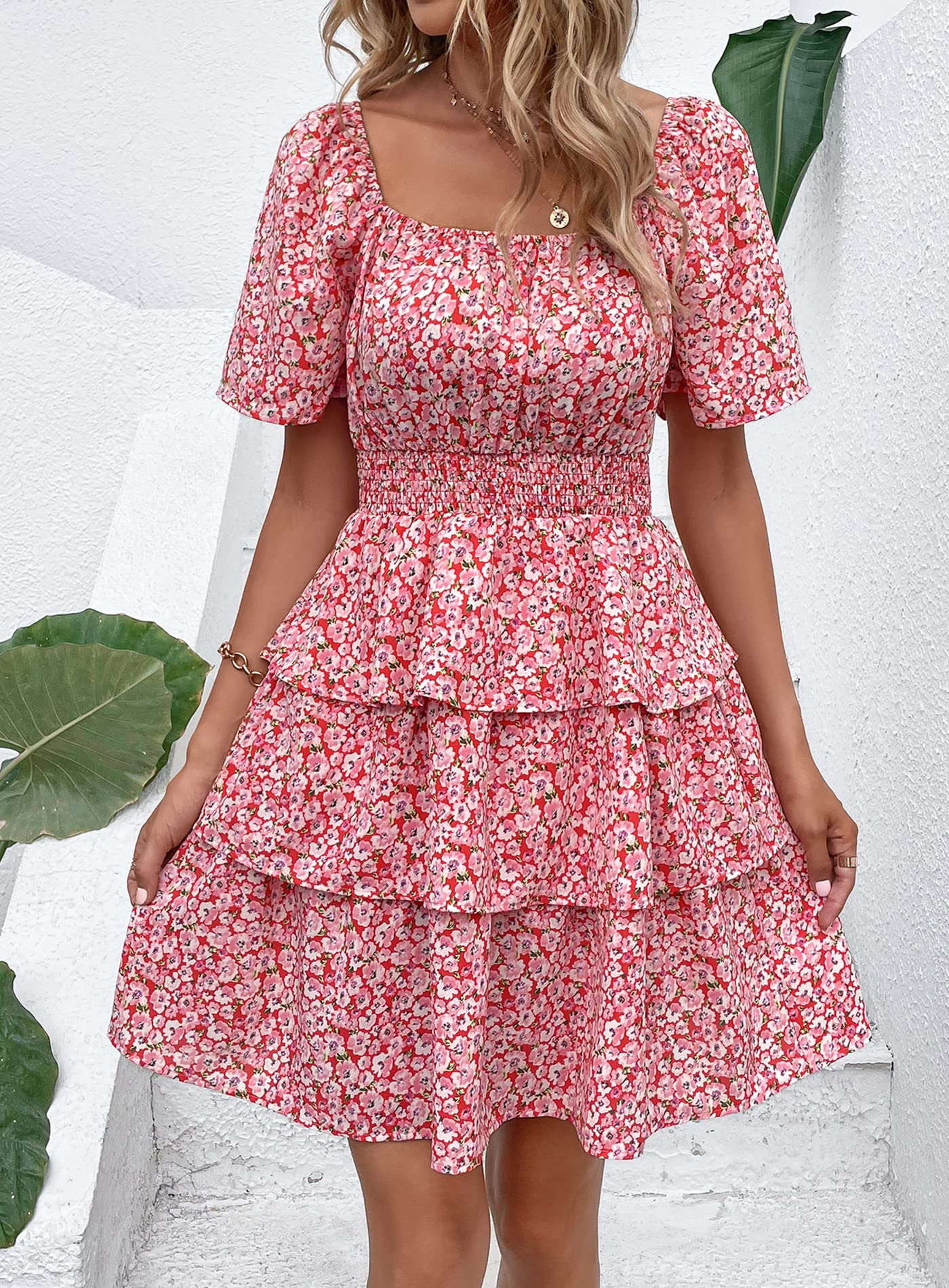 Women's 2025 Floral Summer Short Dress Square Neck Short Sleeve Tiered Ruffle Boho Swing Dresses (Red Pink Floral,Small)