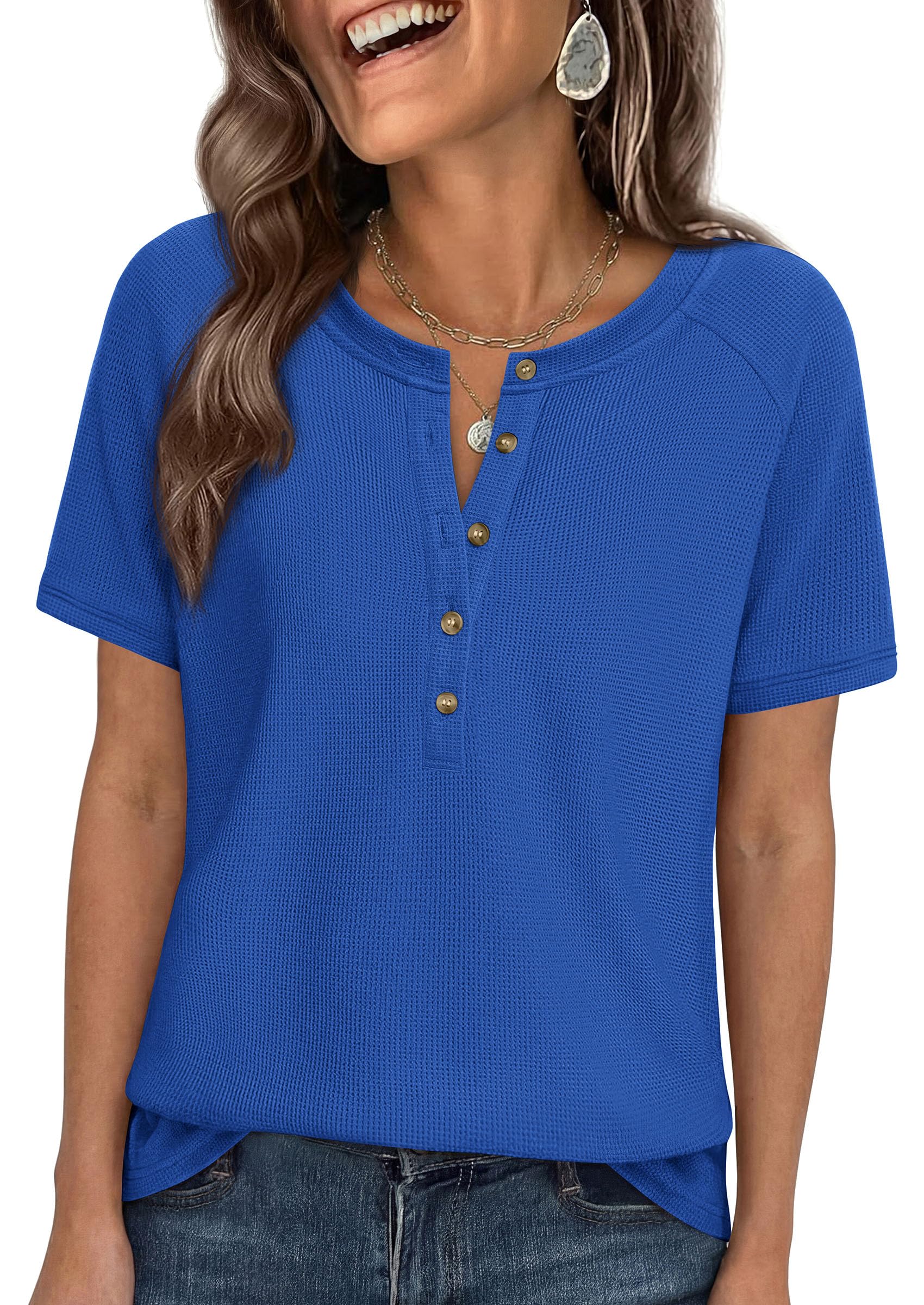 Women's Short Sleeve Waffle Knit Henley Shirts, Blue,S