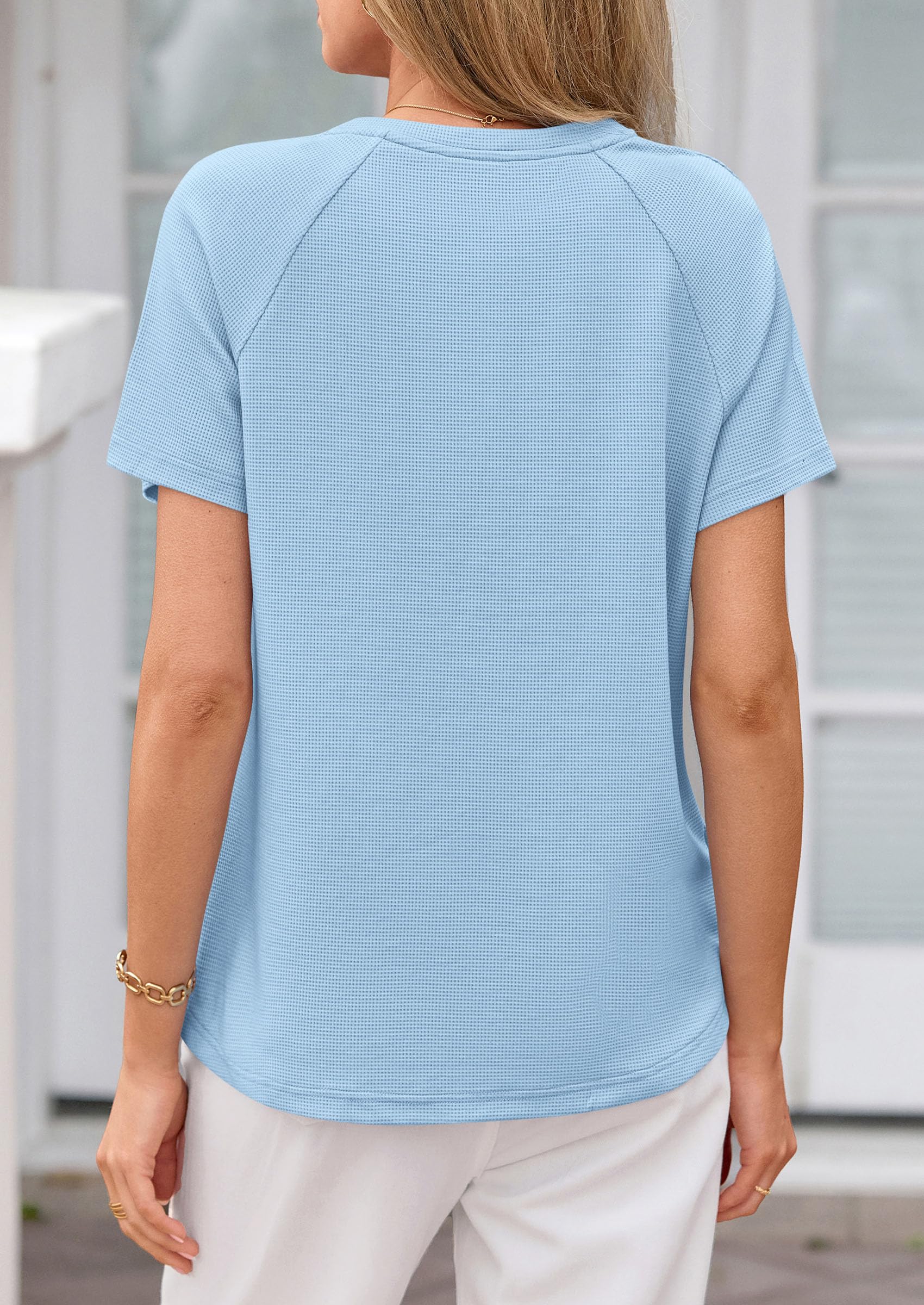 Women's Short Sleeve Waffle Knit Henley Shirts, Light Blue,S