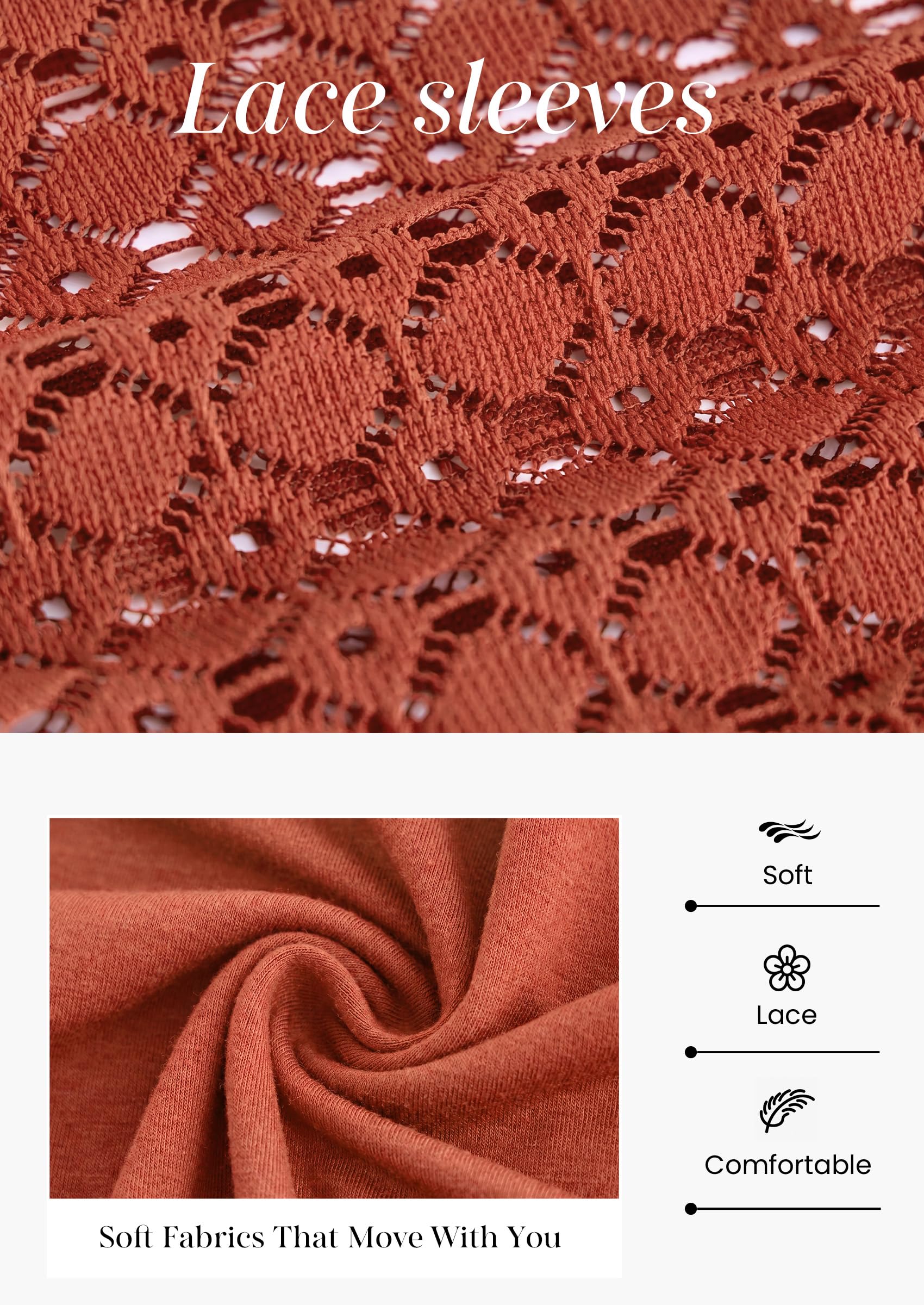 Women's Long Sleeve Shirts Fall Lace Tops,Brick Red,S