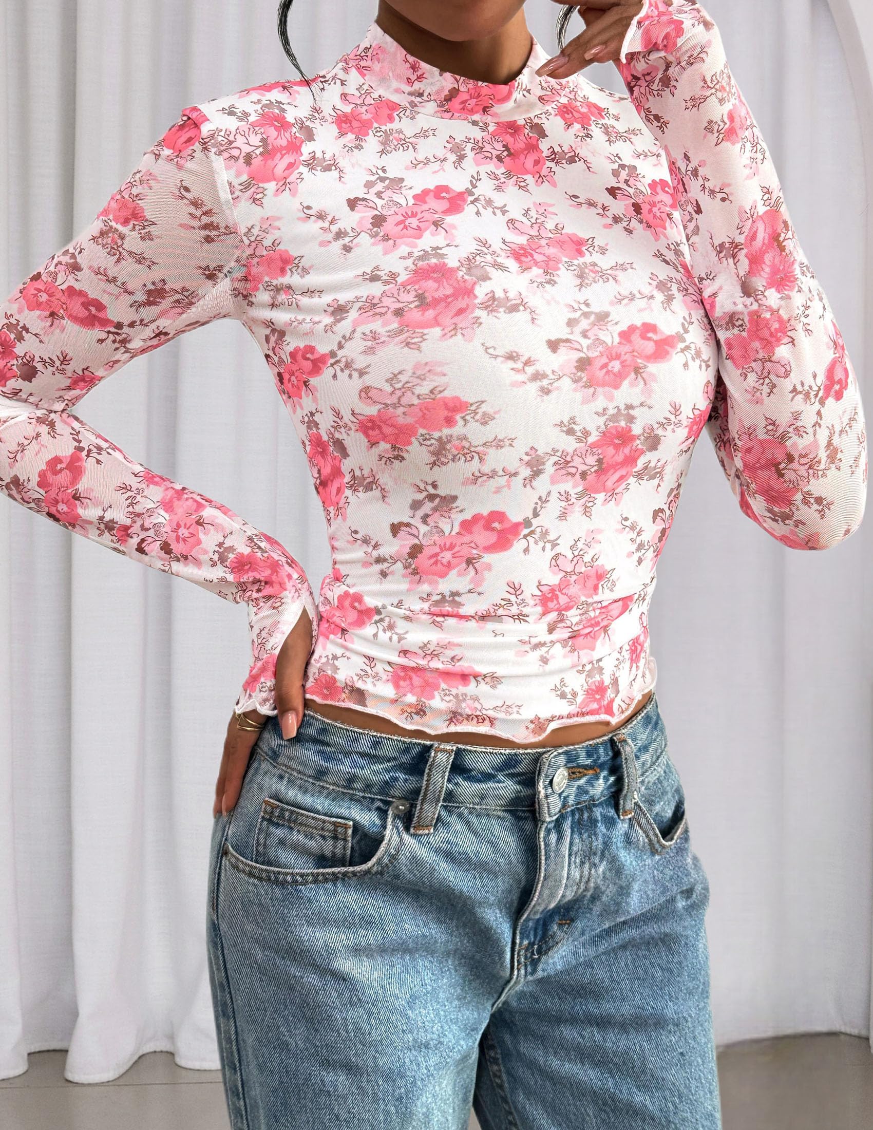 Womens Floral Mesh Long Sleeve Tops Fall Slim Fitted Shirts