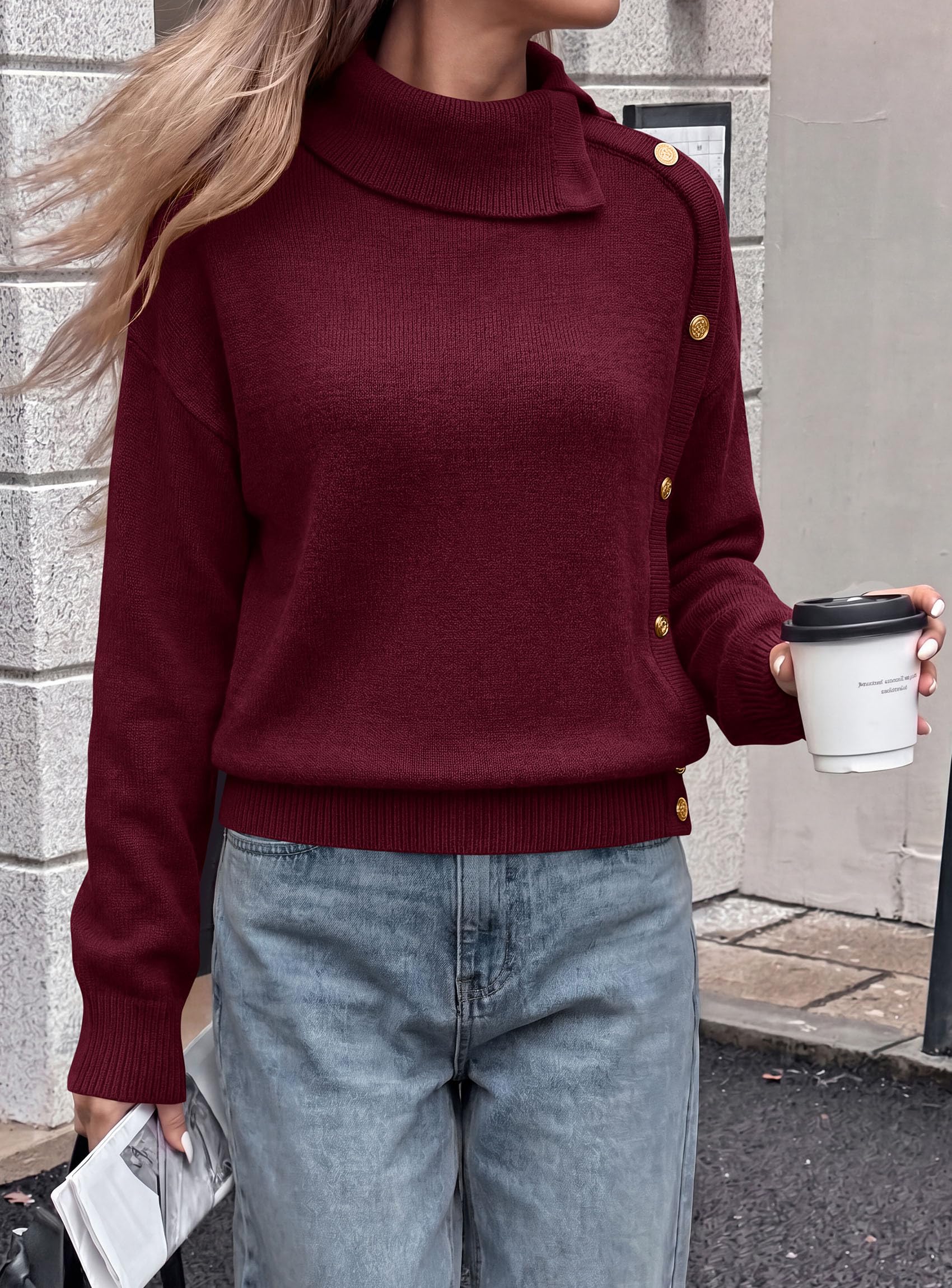 Womens Turtleneck Sweater Pullover Side Button Fall Clothes