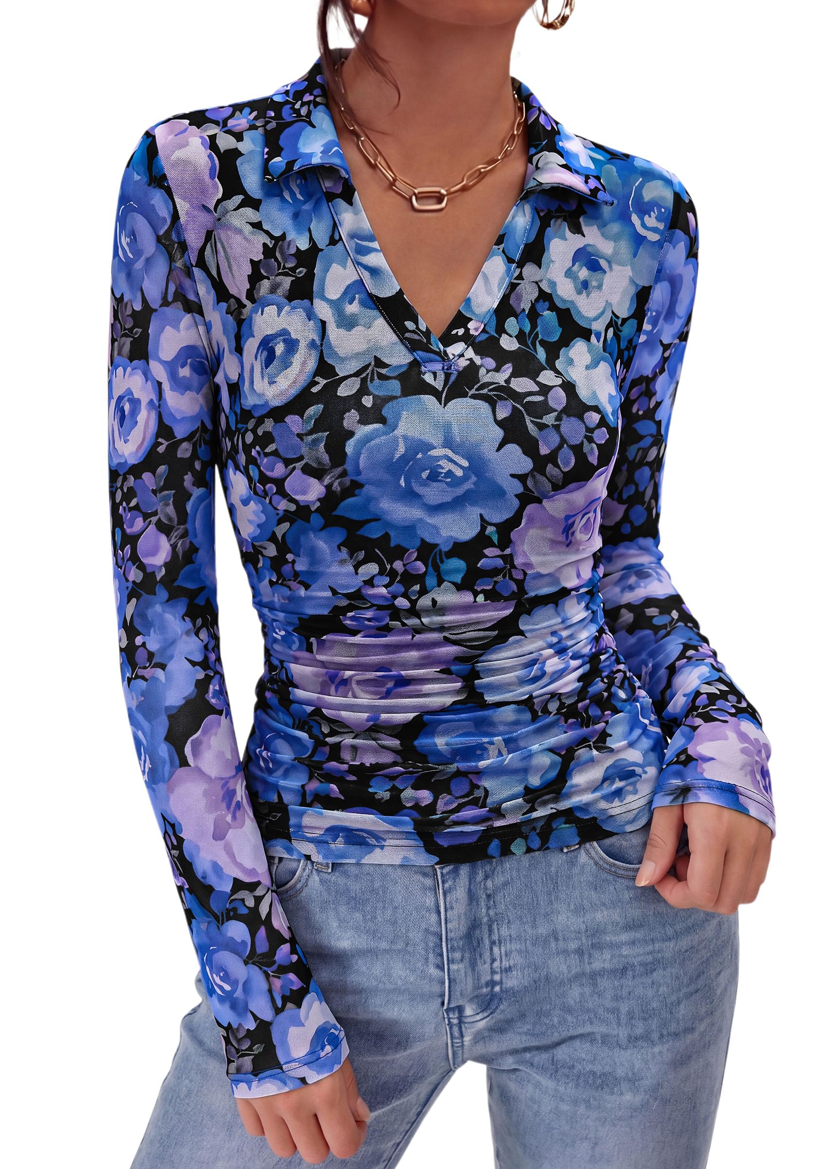 Women's Long Sleeve Boho Floral Mesh Tops Fall V Neck Blouses