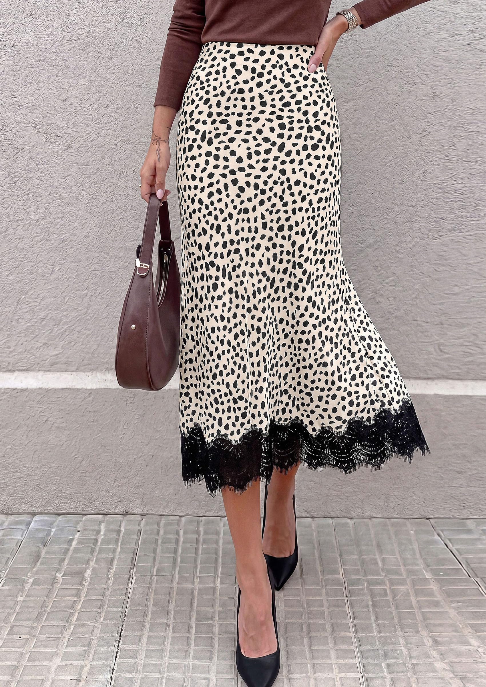 Women's Polka Dot Satin Skirt Fall Flowy Midi Leopard Skirts