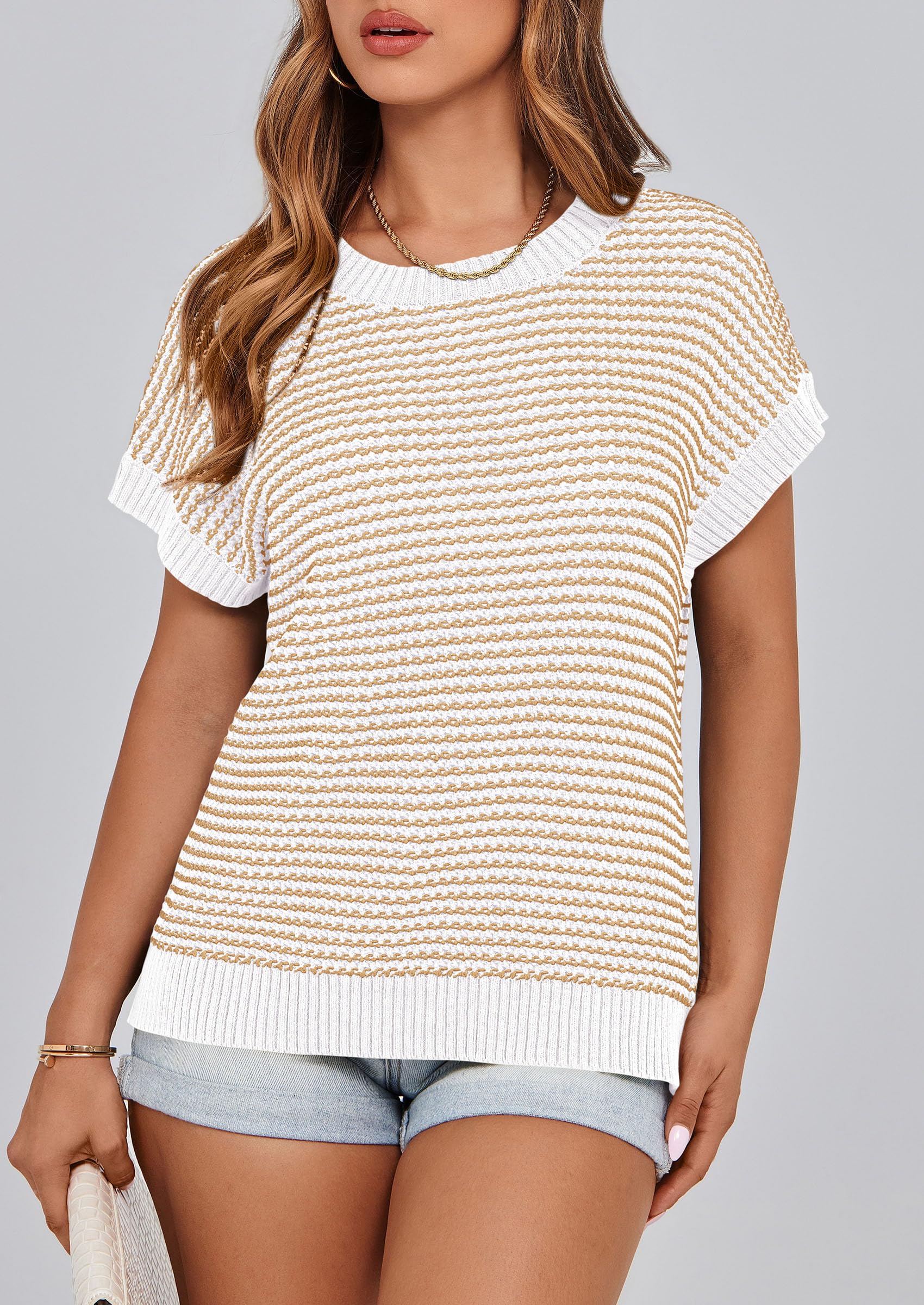 Women's Striped Short Sleeve Sweater Vest Apricot,S