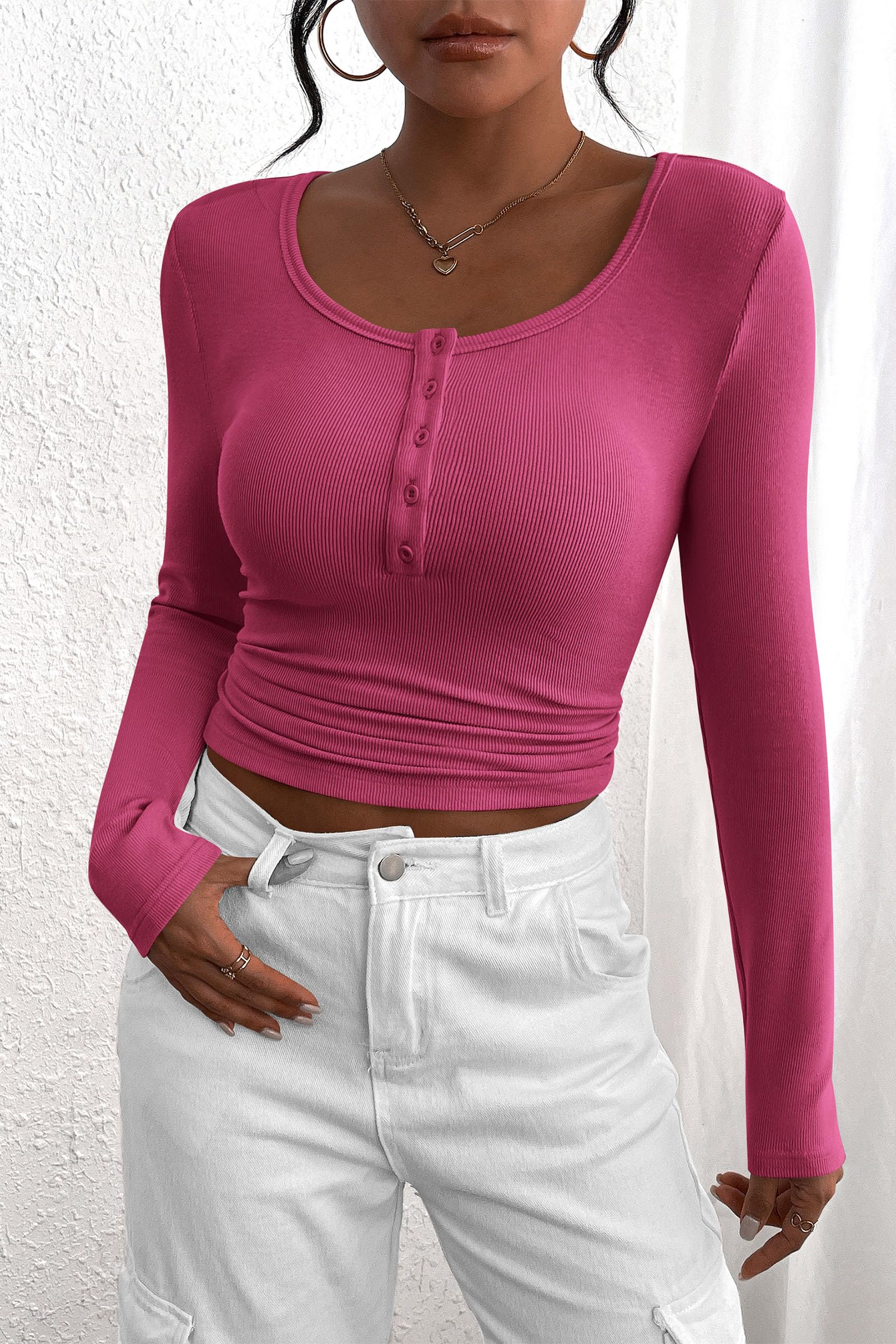 Women's Fall Long Sleeve Henley T Shirts Rose Red