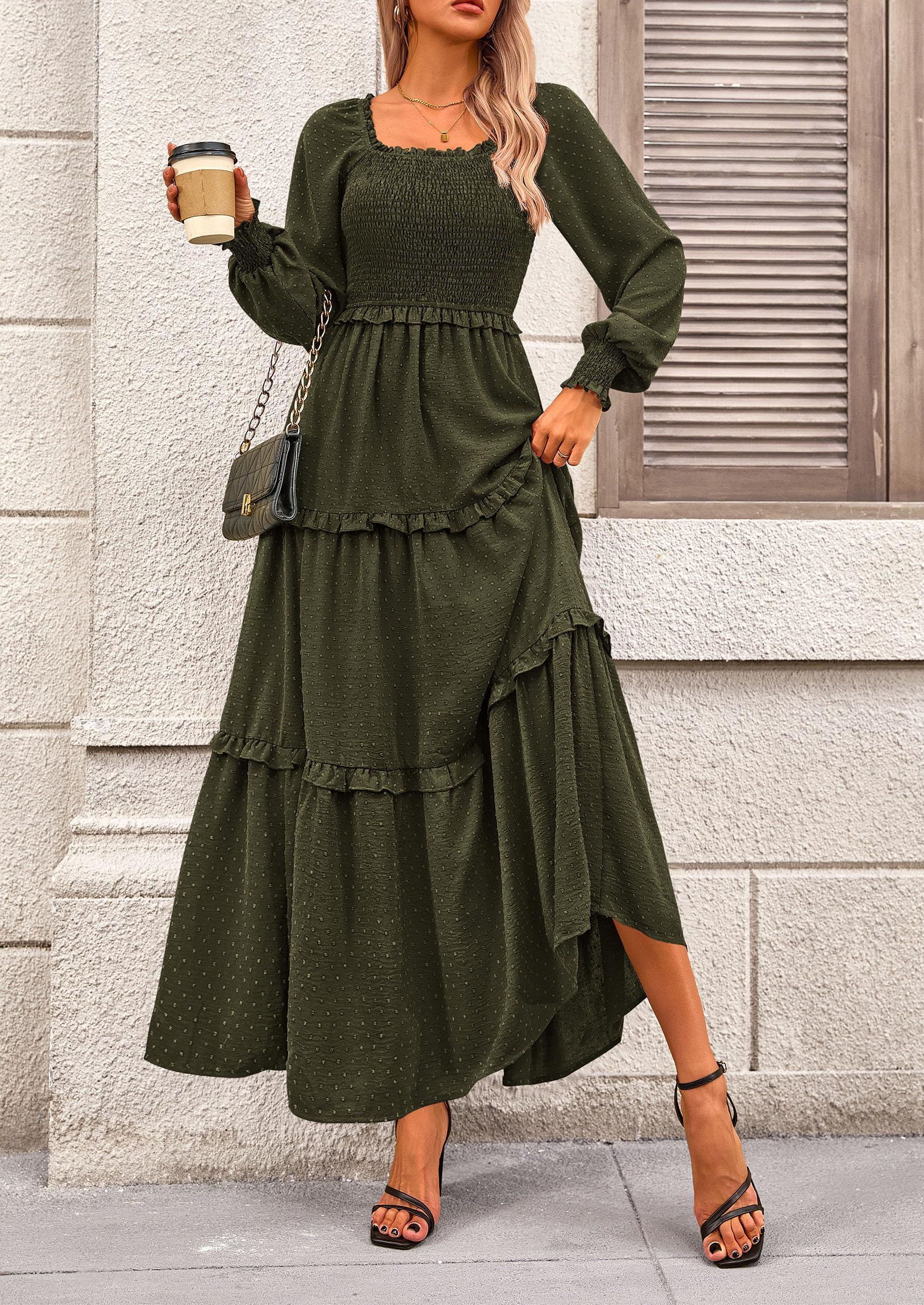 Women's Smocked Long Sleeve Maxi Dress Wedding Guest Dresses