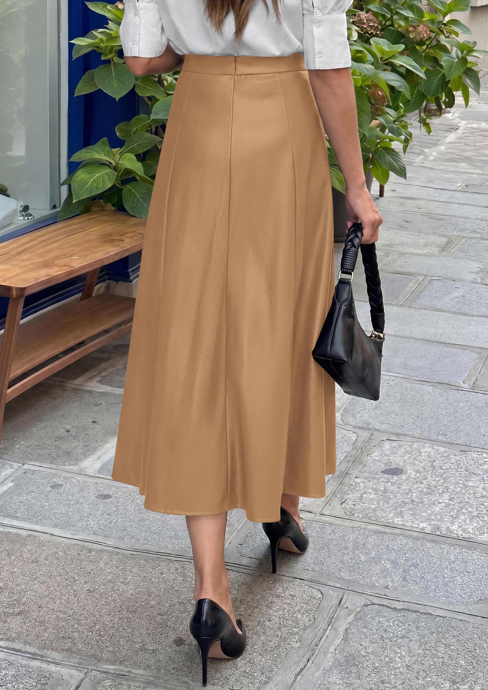 Womens Faux Leather High Waisted Midi Skirt,Khaki,M