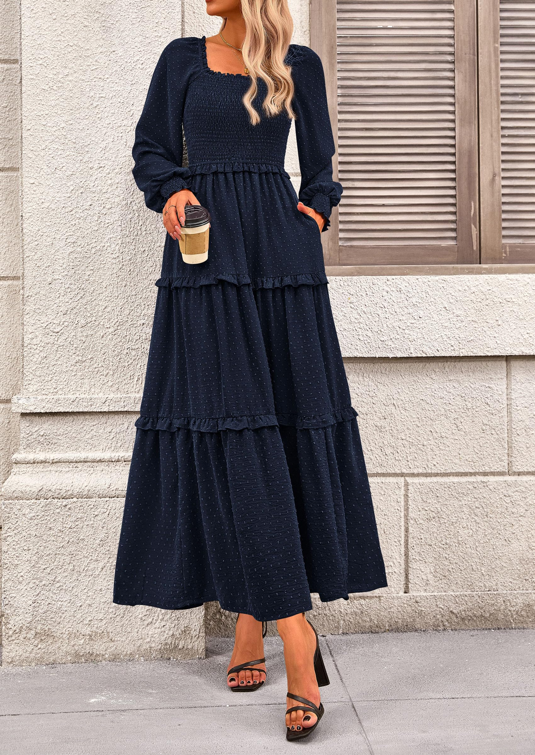 Women's Smocked Long Sleeve Maxi Dress Wedding Guest Dresses