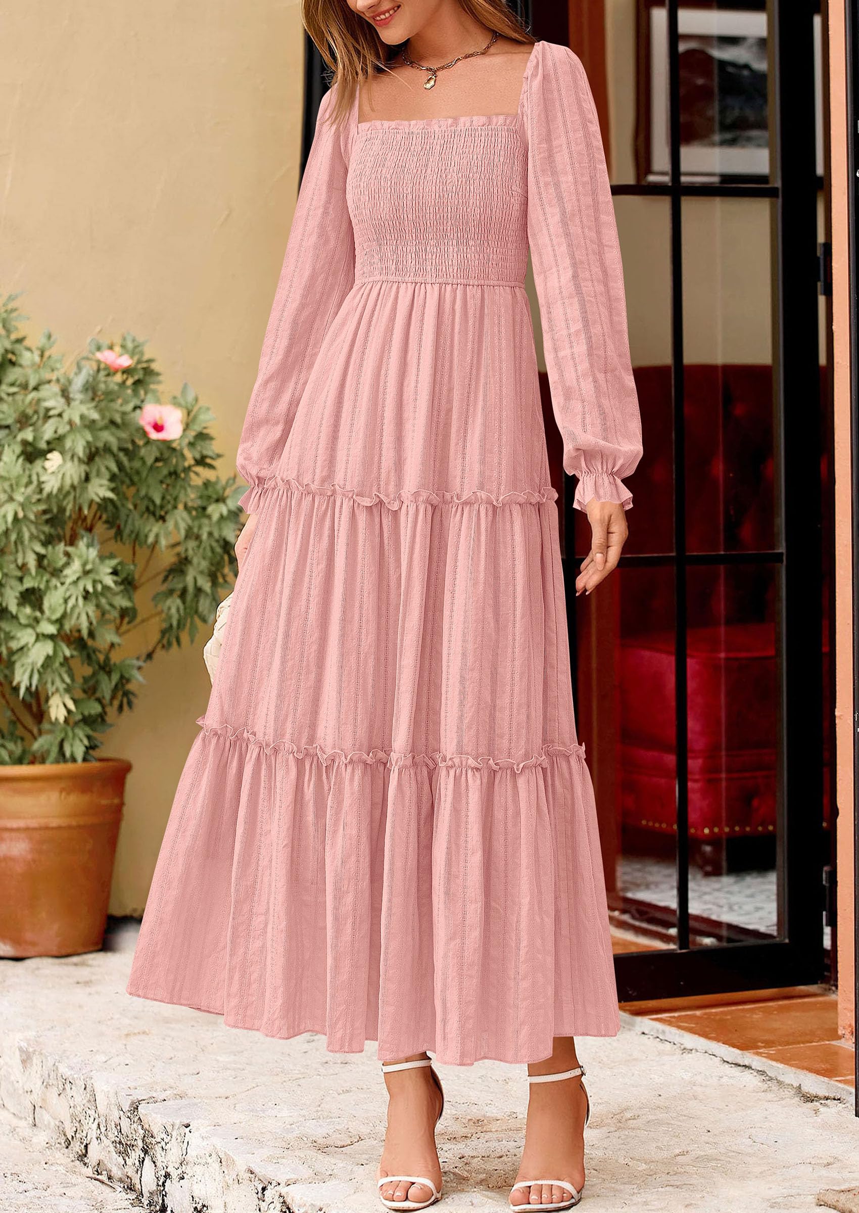 Women's Long Sleeve Ruffle Flowy Maxi Dress,Pink,S