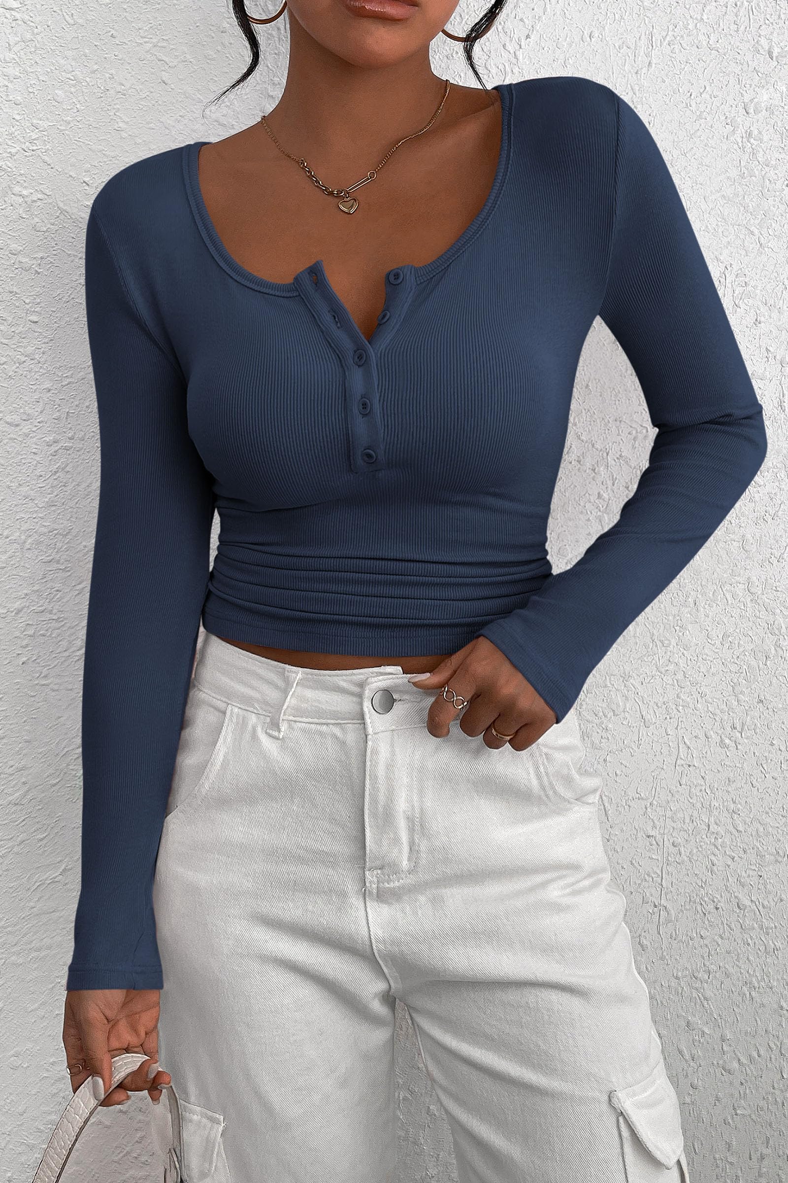 Women's Fall Long Sleeve Henley T Shirts Dark Blue