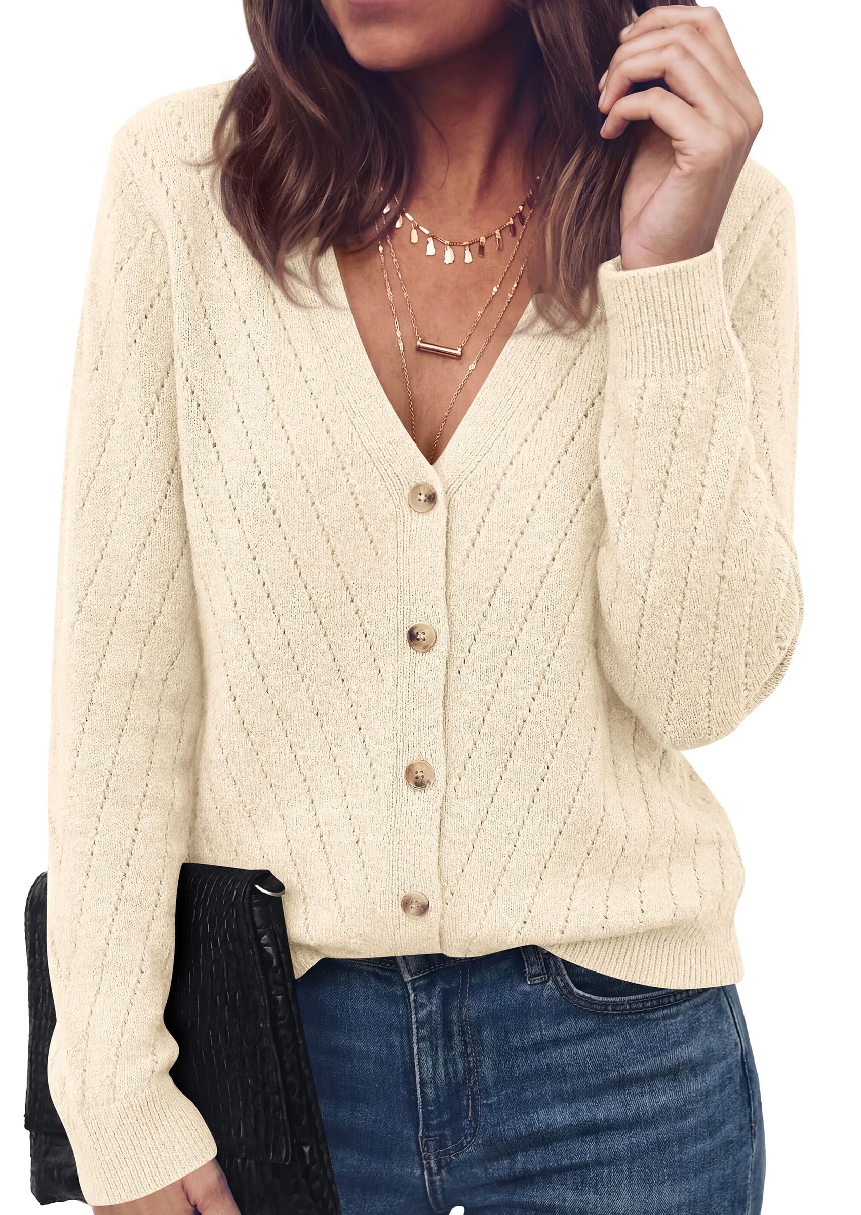 Women's Cozy Cardigan Sweater with Button (Apricot,L)