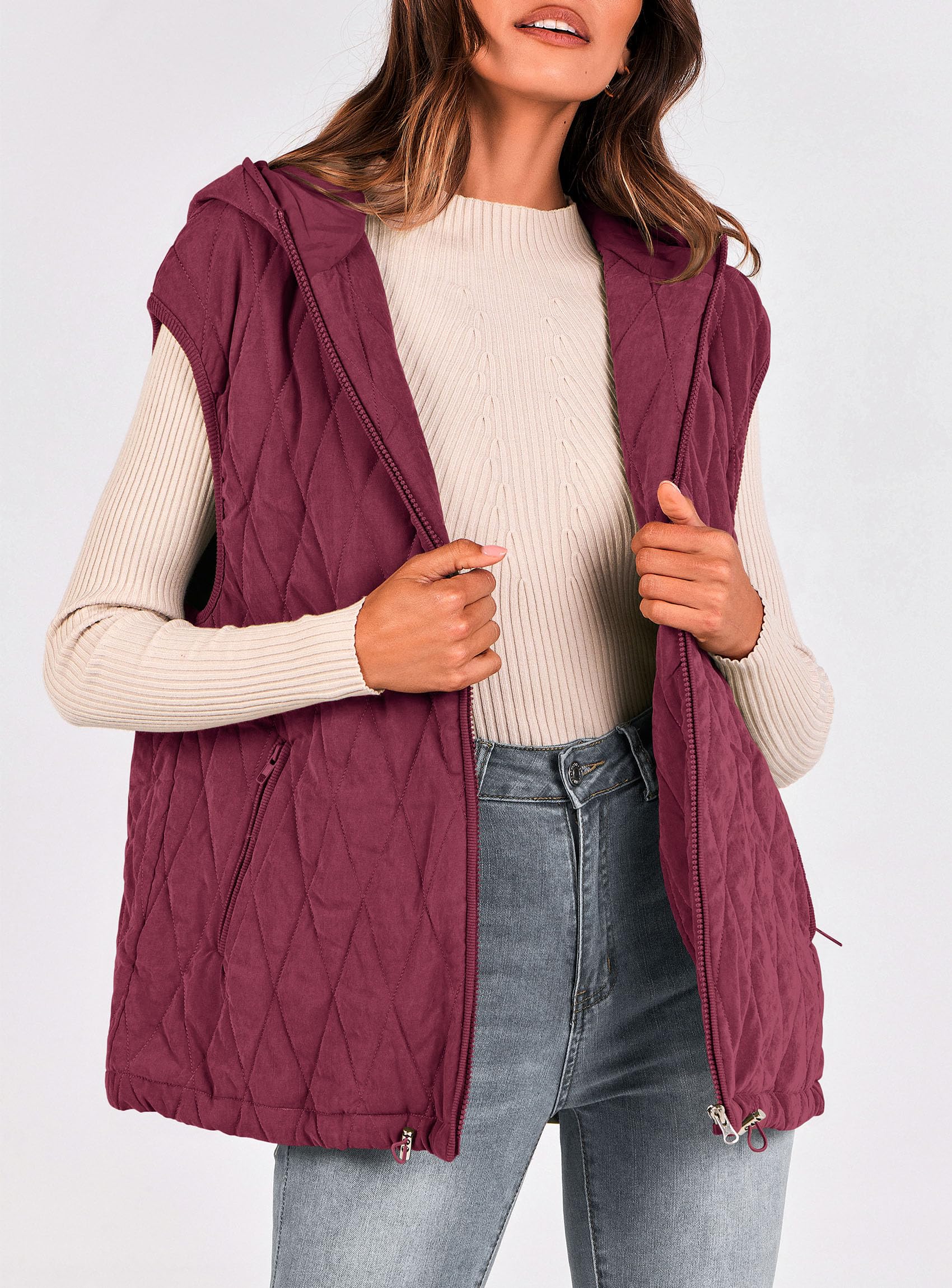 Women's Fall Fashion Vest Zip Up Jacket(Wine Red,Small)