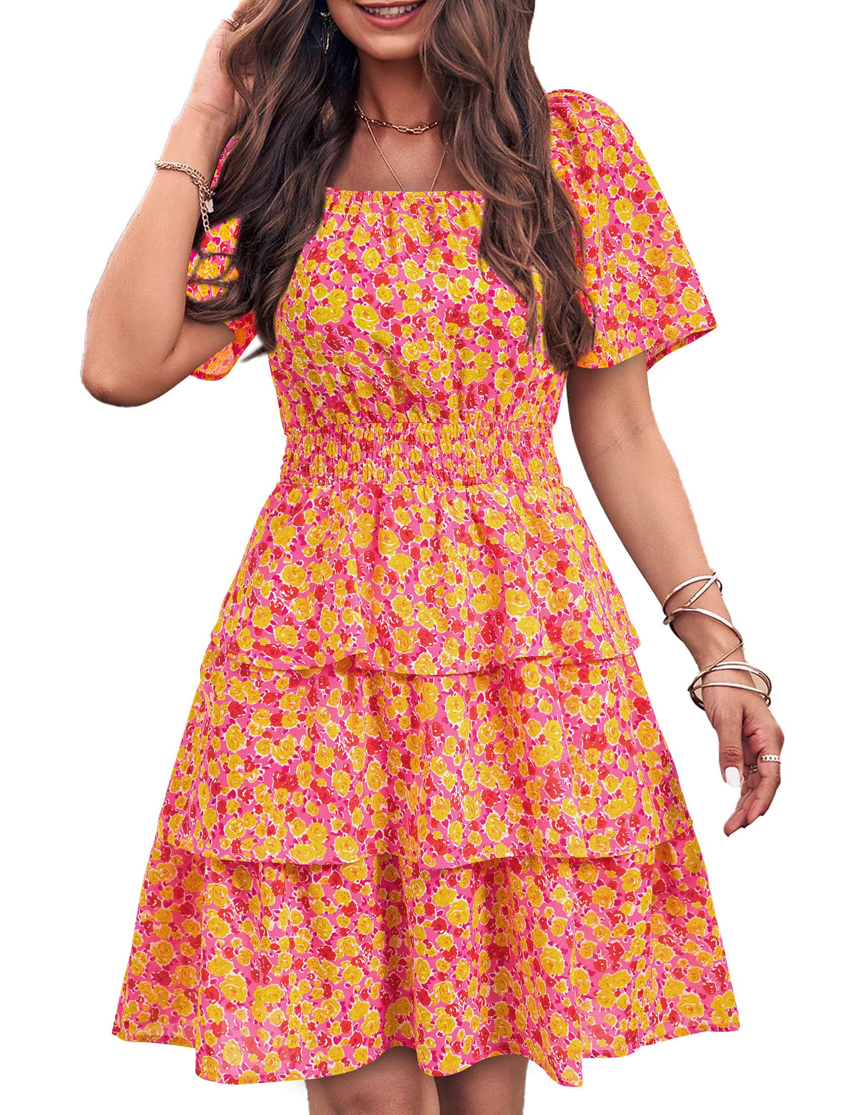 Women's Summer Floral Ruffle Short Dress Rose Red Floral,S