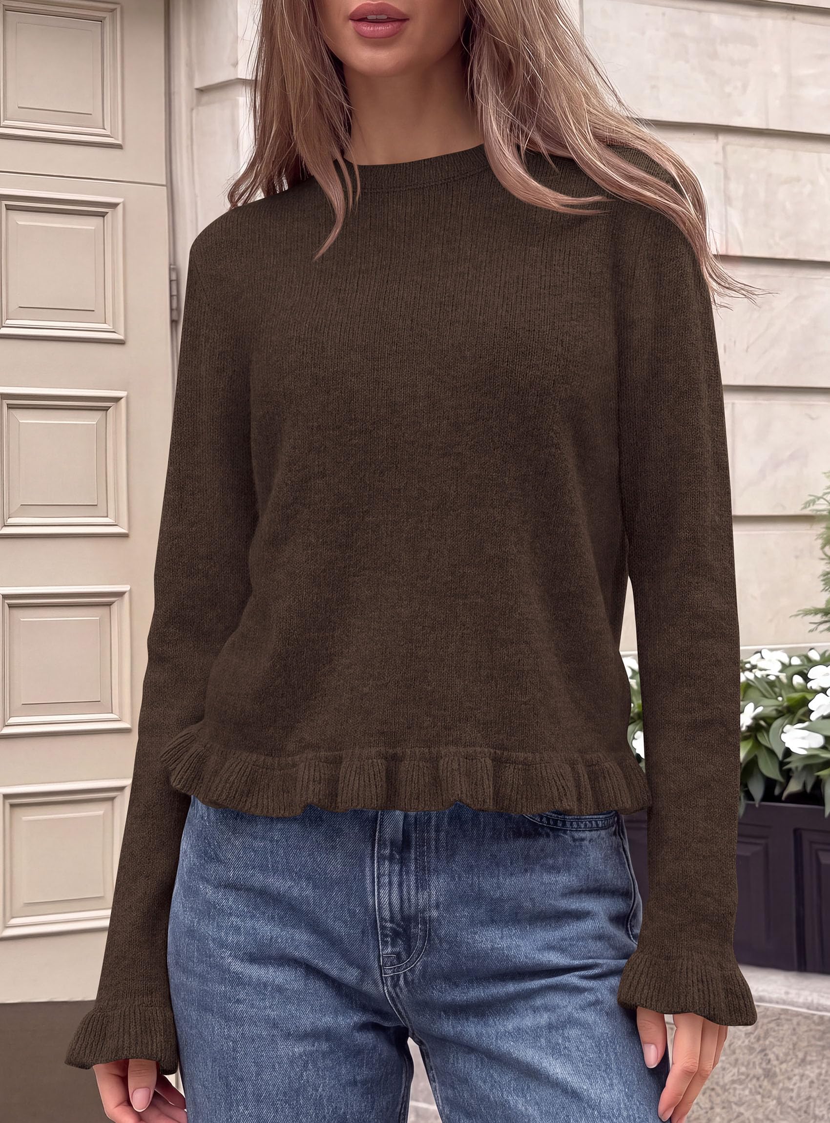 Women's Ruffle Sweaters Fall Fashion Cozy Knit Pullover Brown