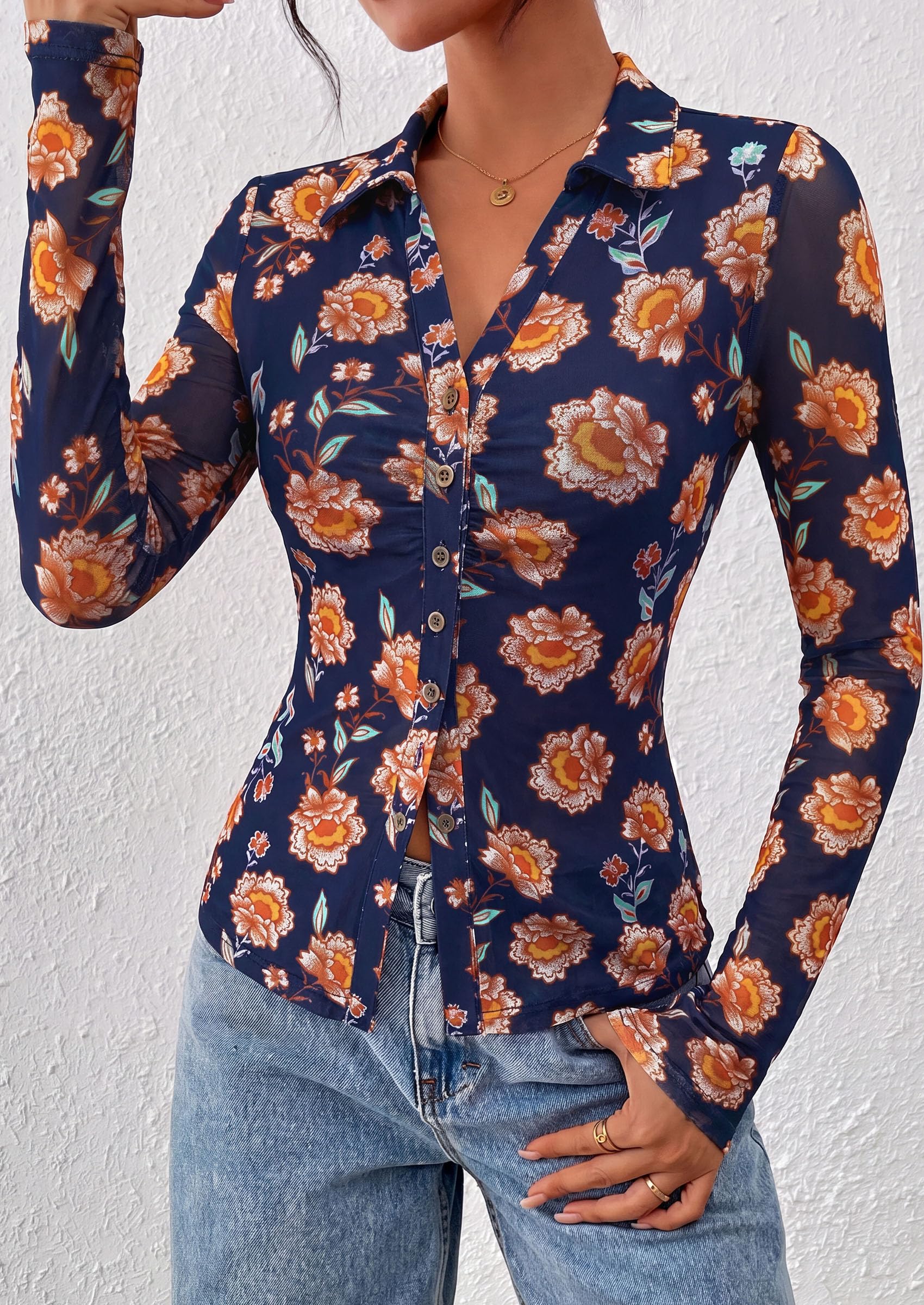 Women's Button Down Shirts Boho Mesh Floral Going Out Tops