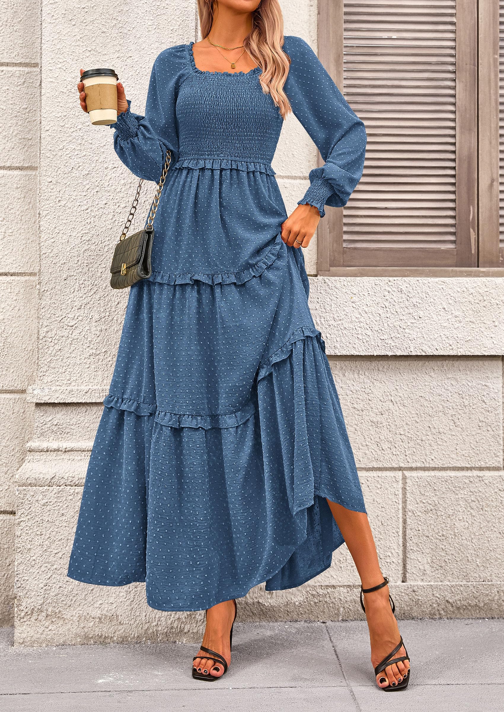 Women's Smocked Long Sleeve Maxi Dress Wedding Guest Dresses