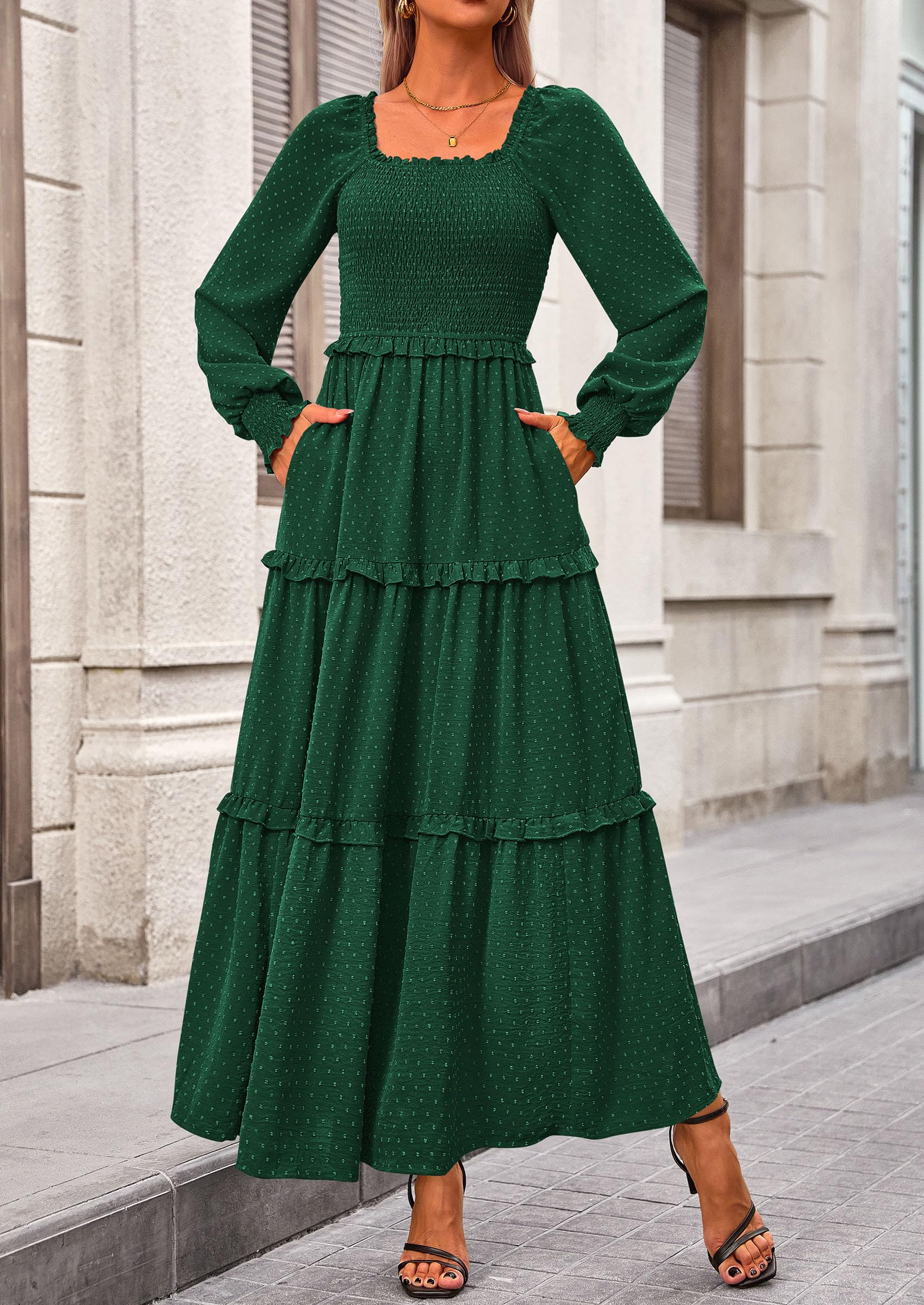 Women's Smocked Long Sleeve Maxi Dress Wedding Guest Dresses