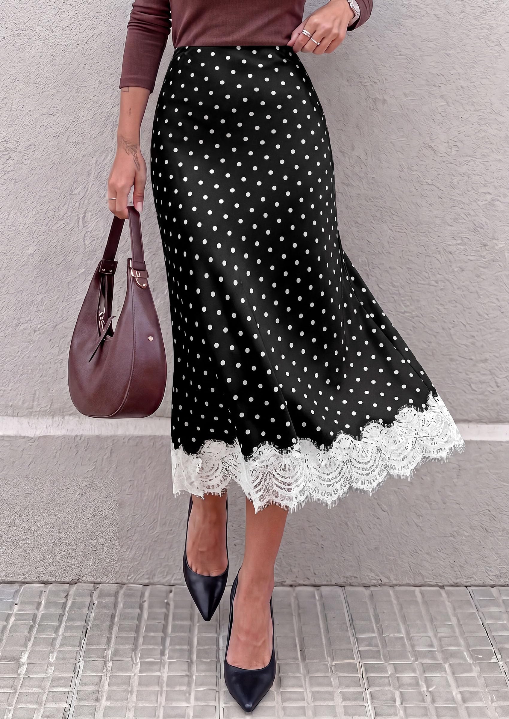 Women's Polka Dot Satin Skirt Fall Flowy Midi Leopard Skirts