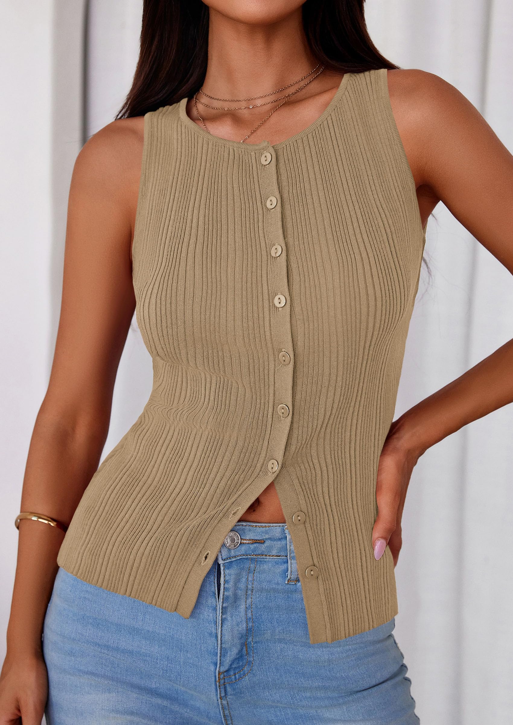 Sleeveless Button Down Shirts for Women Summer 2026 Going Out Ribbed Knit Tank Tops Y2K Clothes Trendy Vest Tops Camel