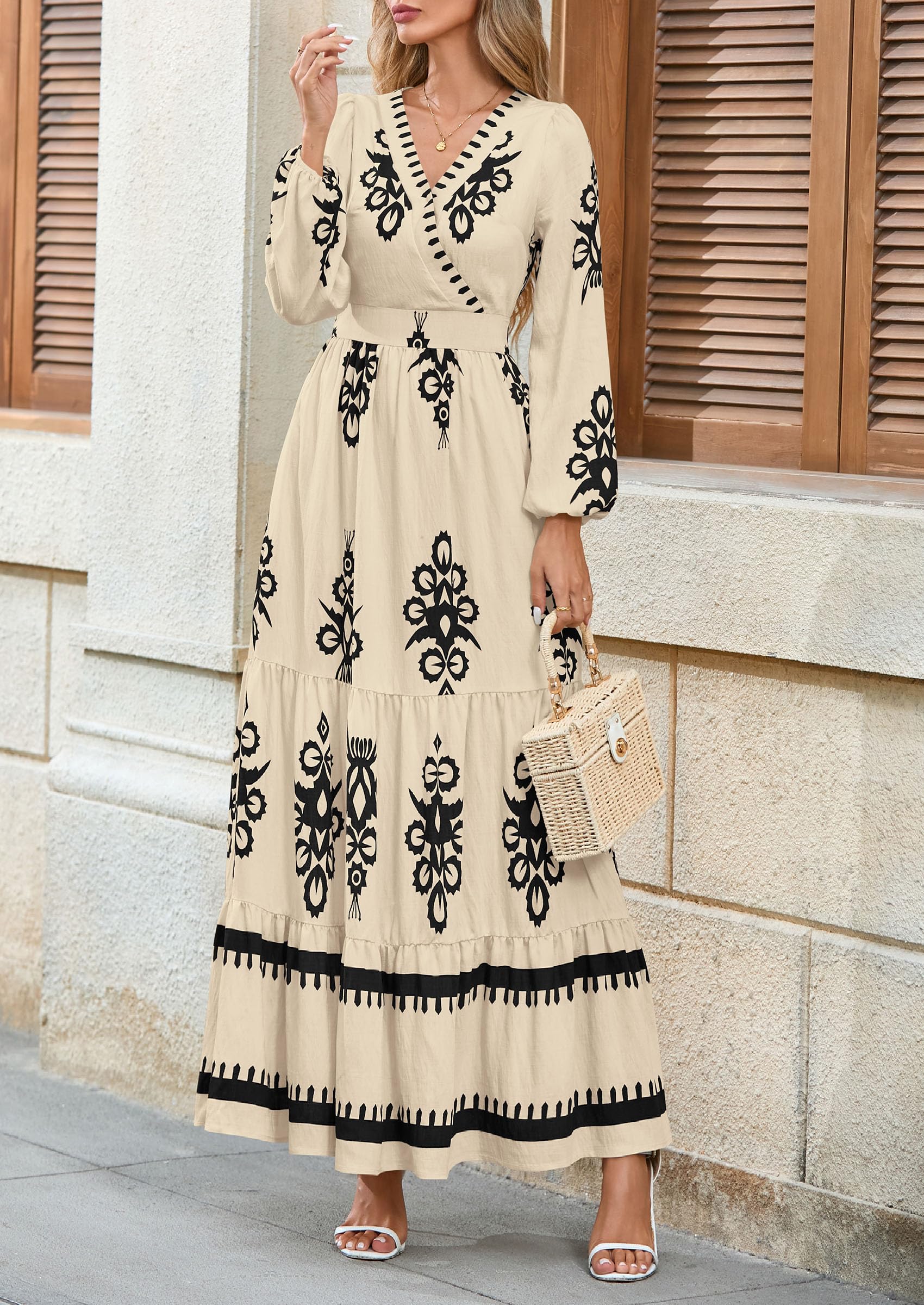 Women's Long Sleeve Floral Boho Maxi Wedding Guest Dress