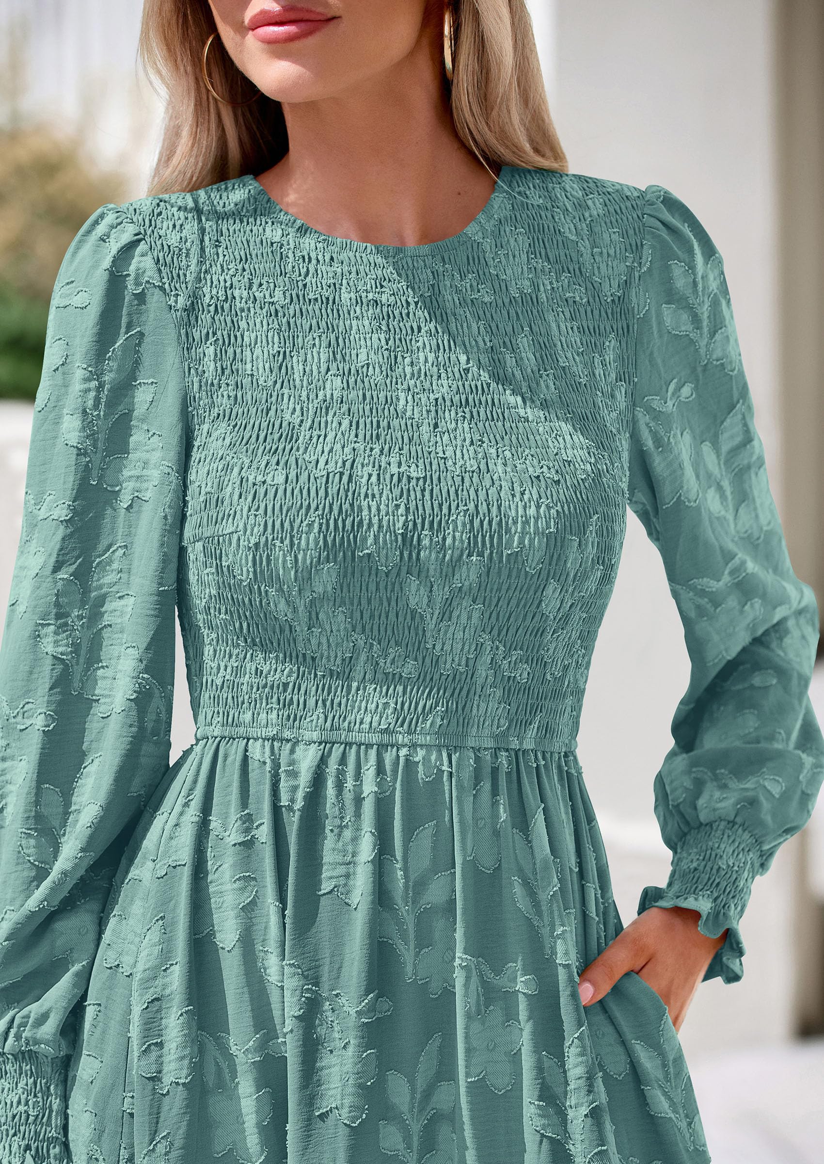 Fall Floral Long Sleeve Wedding Guest Dress for Women Pockets
